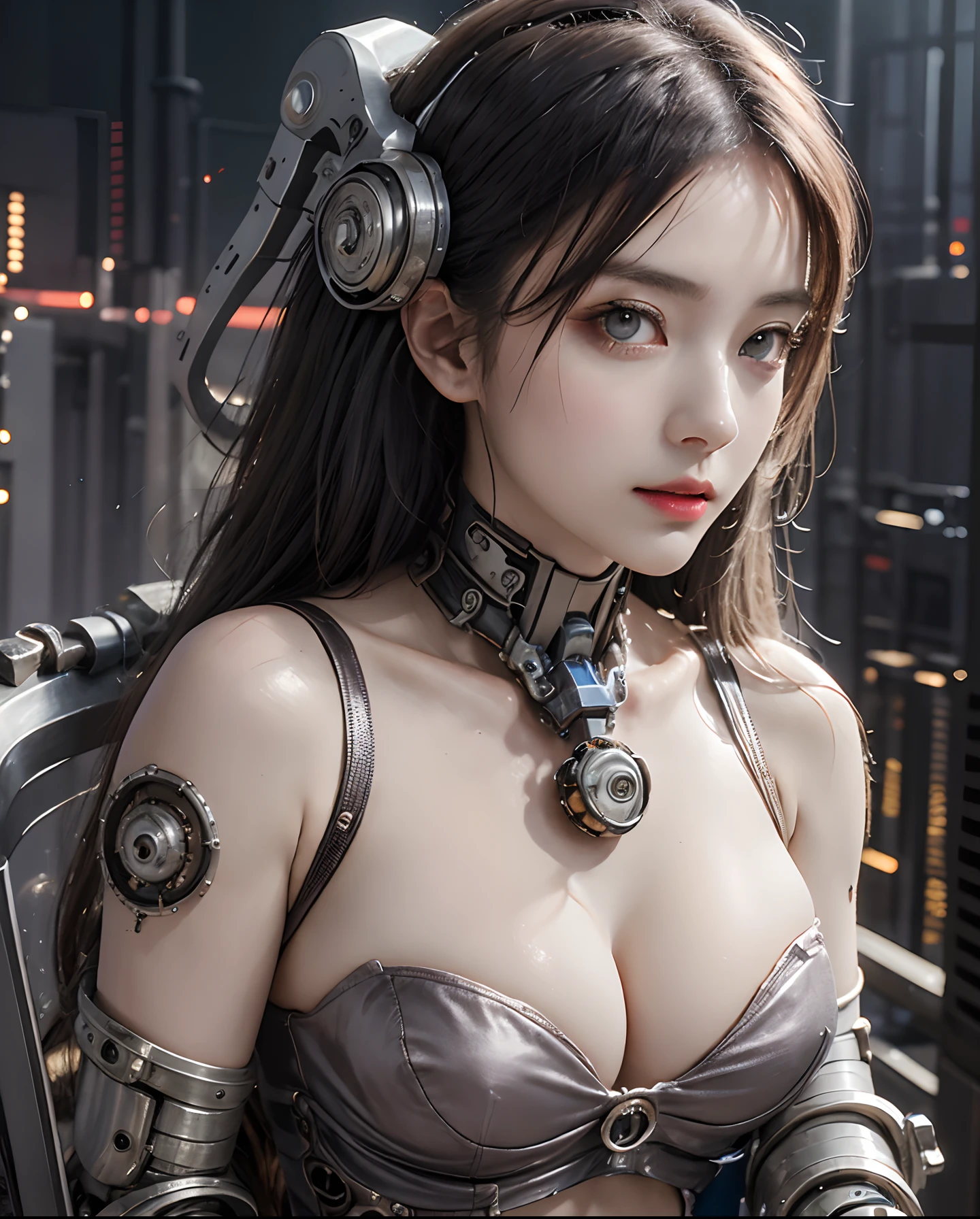 1 Mechanical Girl、((super realistic details))、portlate、globalillumination、Shadow、octan render、8K、ultrasharp、Steampunk Cyborg Body、White porcelain body、Hydraulic cylinder、Details of complex ornaments、Sumerian details、highly intricate detail、Realistic light、CGSoation Trends、a purple eye、radiant eyes、Facing the camera、neon details、The cleavage is visible、Mechanical limbs、blood vessels connected to tubes、Mechanical vertebrae attached to the back、mechanical cervical attaching to neck、sitting on、Wires and cables connecting to the head、The background is a steampunk space、 hide、 vivd colour、Breasts are small and B size、A slender、Cleavage is visible。Paws are thin and beautiful,