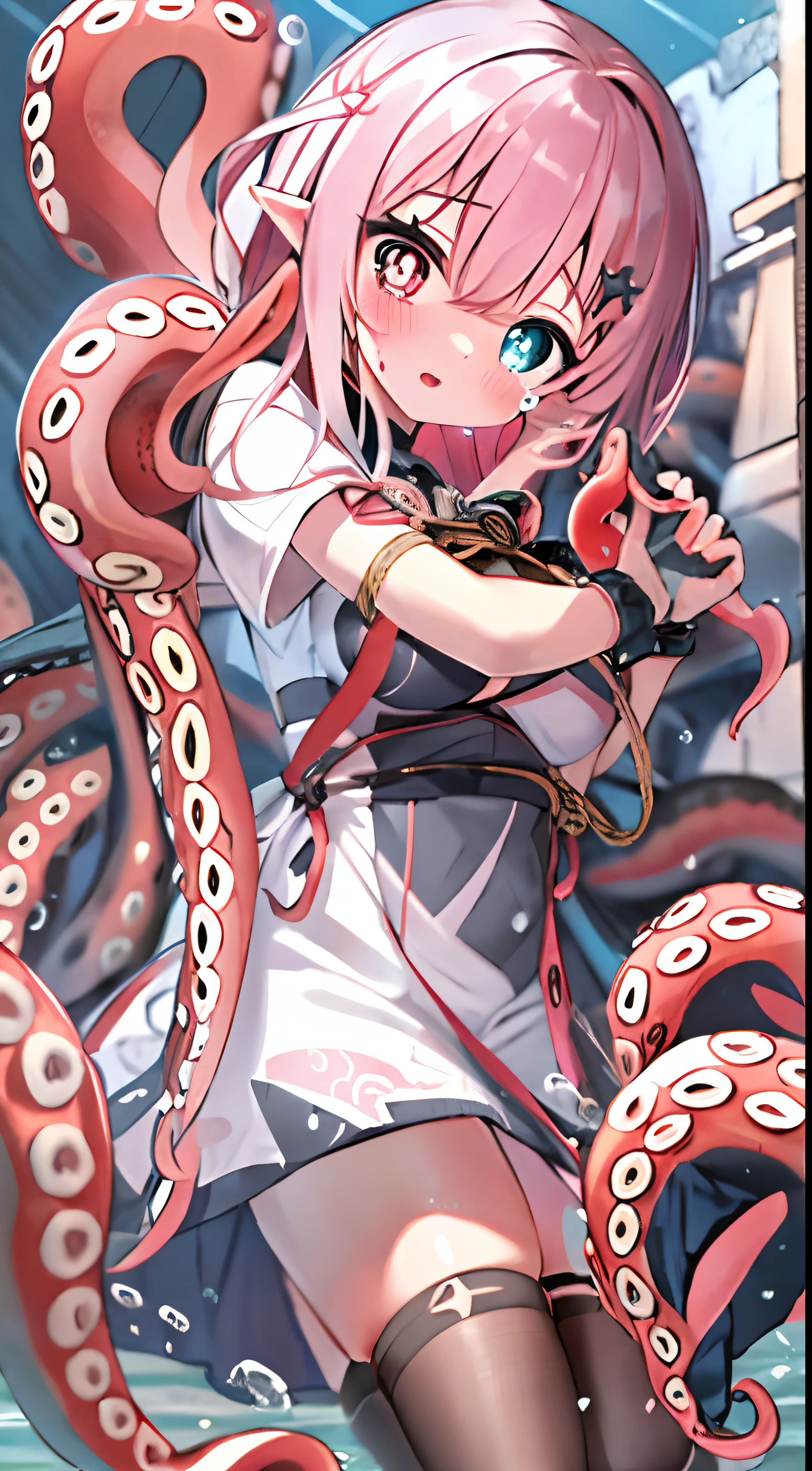 one-girl、Large breasts，Protrude the head，Heterochromia of the pupils，Pink heart-shaped pupils，Big head、Lots of detail、Cute girl，largeeyes、The background is complex、The face is close to the audience，Big orange eyes、Red blush、Tears、Tongue stock、Mouth open、Happy emoji，Milky white liquid，Giant octopus catches the maiden、Long dress，The tentacles grab the arm，The tentacles are wrapped around the crotch、Tentacles grasp the buttocks、Tentacles grasp the legs，Under the water、20+tentaculata，There are many smaller eyes on the tentacles，Black Castle Background，Octopus tentacles，The tentacles are covered with eyes，Tentacles wrap maiden，Lots of details，monstergirl，Under water，wonderful dress，dark castle background，black lence stockings，Tentacles wrap around the body，The body is wrapped in many tentacles，A large amount of colored mucus，Bust，Face close to camera ，Cute girl imprisoned in the ruins of a building,ventania,Pink colorful hair, Colorful eyes,Beautiful outfit、Bright red sky、view the viewer,Lens flare,Dramatic, Bruising all over the body、Tentacles, Tentacle sex, vaginal, Tentacle bound legs, Tentacle bound arms, Tentacle shackles arms, Blush,
