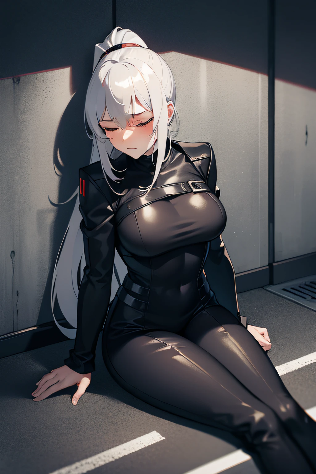 1 woman, long silver hair, ponytail, large chest, wearing black leather assassin suit, sitting wall, floor, eyes closed, red cheeks, blushing, exhausted, fainting. basement parking lot. concrete walls