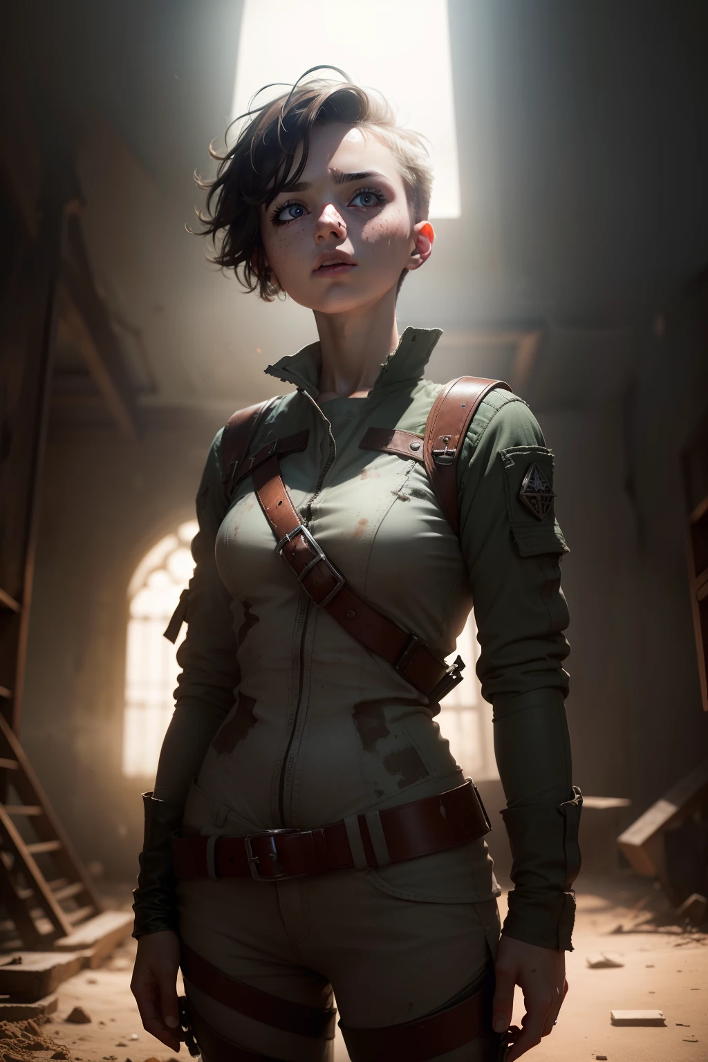 Highest quality, (dramatic lighting: 0.7), masterpiece, high angle shot, RAW photo (pale 21 year old woman with short hair, looking up at viewer), cute, (in tattered battle suit, disheveled), (standing on a playground ), full body portrait, perfect face, stunning eyes, vivid detail, (highly detailed skin), freckles, sfw, (blue tint:0.6), (dirty:0.8), (bloody:0.7), key lighting, ( backlighting: 0.5 ), depth of field, Canon 5D, 50mm lens, F/4 aperture, (super detail, intricate detail), sharp focus, soft colors, 8k, absurdity, 8mm film grain, war photography
