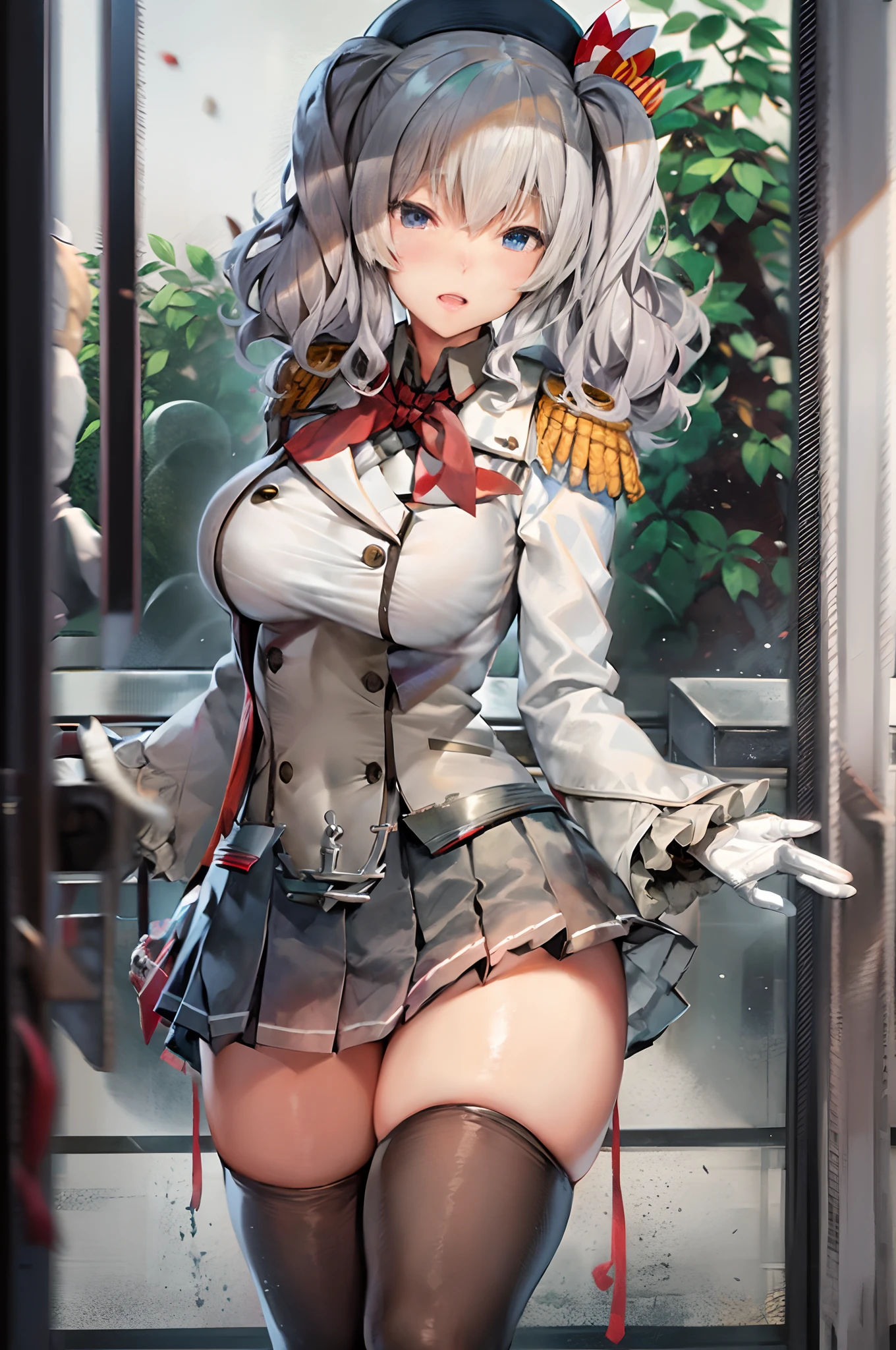 KashimaOG, kashima \(kancolle\), beret, epaulettes, red neckerchief, frilled sleeves, long sleeves, military uniform, (white gloves) miniskirt, pleated skirt, anchor,