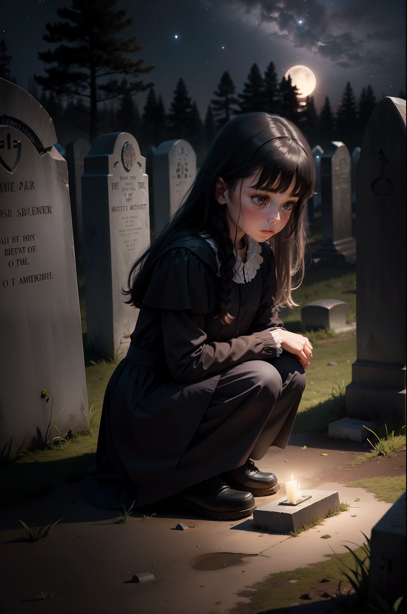 burial site，Secluded midnight，A young girl kneels in front of a tombstone