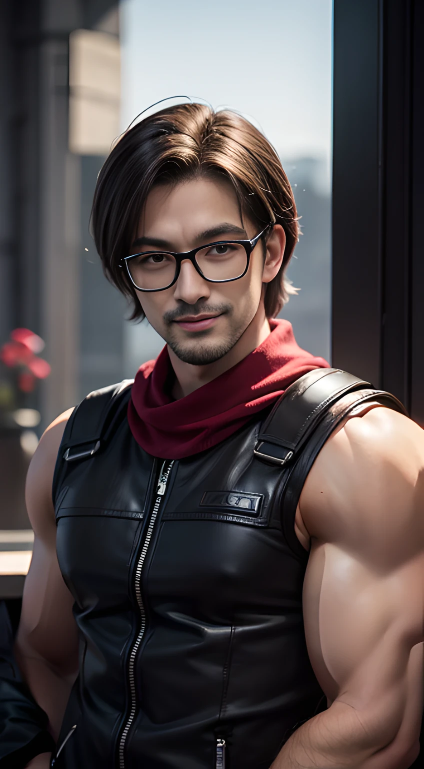 ((Men only)), (head shot), (face only), (handsome muscular man in his 30s), (Leon Kennedy), (red glasses), (big smile), (detaile: 1 in 1), Natural muscles, HIG quality, beautidful eyes, (Detailed face and eyes), (Face、: 1 / 2), Noise, Real Photographics、... .................................................................................................................PSD, Sharp Focus, High resolution 8K, realisitic & Professional Photography, 8K UHD, Soft lighting, High quality, Film grain, FujifilmXT3