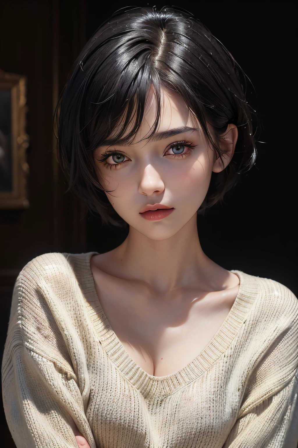 (Masterpiece:1.3), (8K, Photorealistic, RAW photo, Best quality: 1.4), (1girll), Beautiful face, (Realistic face), (Black hair, Short hair:1.3), Nice hairstyle，photorealistic eye，Nice detail eyes，（Realistic skin），Beautiful skins，（evening formal robes），Full body like，absurd res，enticing，超高分辨率，Ultra photo realsisim，The is very detailed，the golden ratio