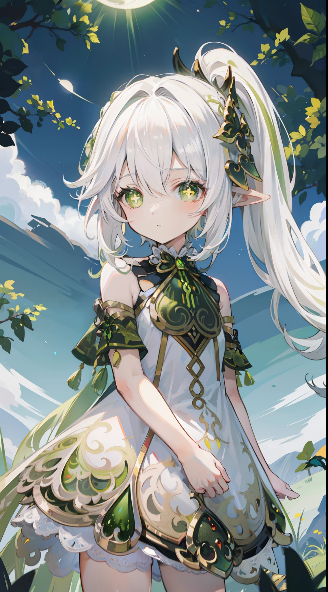 naked, nude, vagina, loli, outside, flat chest, , open mouth, happy, smiling, sunny, happy, bright sunlight, grass, pointy ears, hair ornament, white hair, green hairstreak, from below, side ponytail, masterpiece, best quality