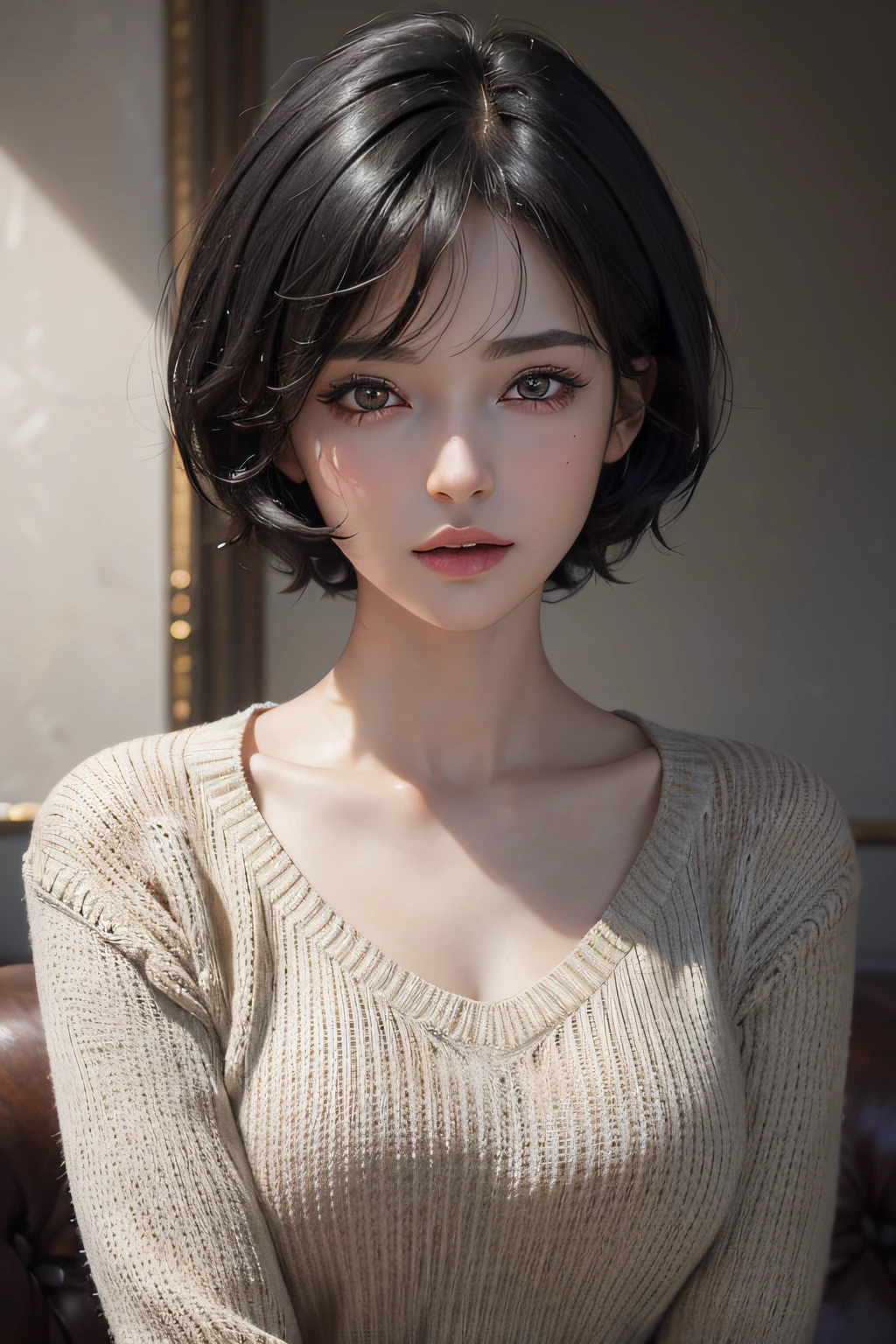 (masterpiece:1.3), (8k, photorealistic, RAW photo, best quality: 1.4), (1girl), beautiful face, (realistic face), (black hair, short hair:1.3), beautiful hairstyle, realistic eyes, beautiful detailed eyes, (realistic skin), beautiful skin, (sweater), absurdres, attractive, ultra high res, ultra realistic, highly detailed, golden ratio