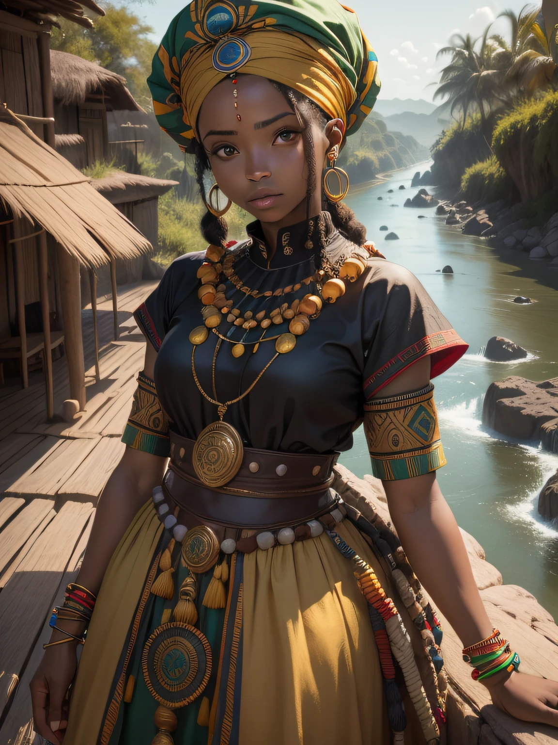 ((melhor qualidade)), (detalhado: 1.4), (Absurdo), guerreira Zulu, pulseiras e colares africanos, turbante cor amarelo ouro, ((cor do turbante dourado)), turbante sem cortes, uncut head, roupa bata africana cor amarelo com detalhes dourados, ((olhos pretos)), roupa colorida africana, oxum, African ORIXÁ ((Oxum Mother of Rivers)), camisa amarela, ((camisa amarela com detalhes dourados))