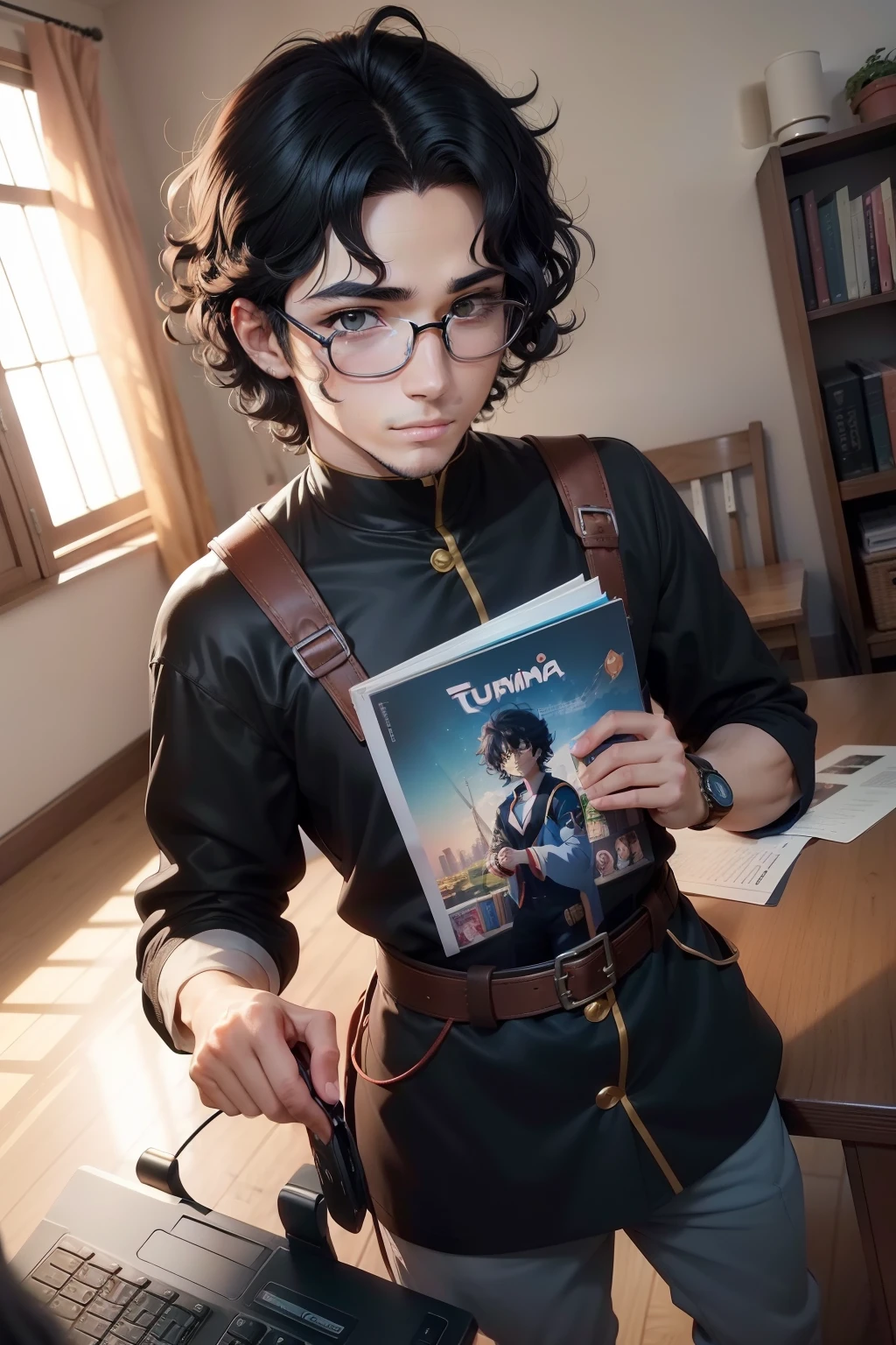 "(((anime, Turminha Online))) Curious nerdy boy storyteller with TURMINHA ONLINE booklet in hand curious, curly black hair, Impressive quality in 8K."