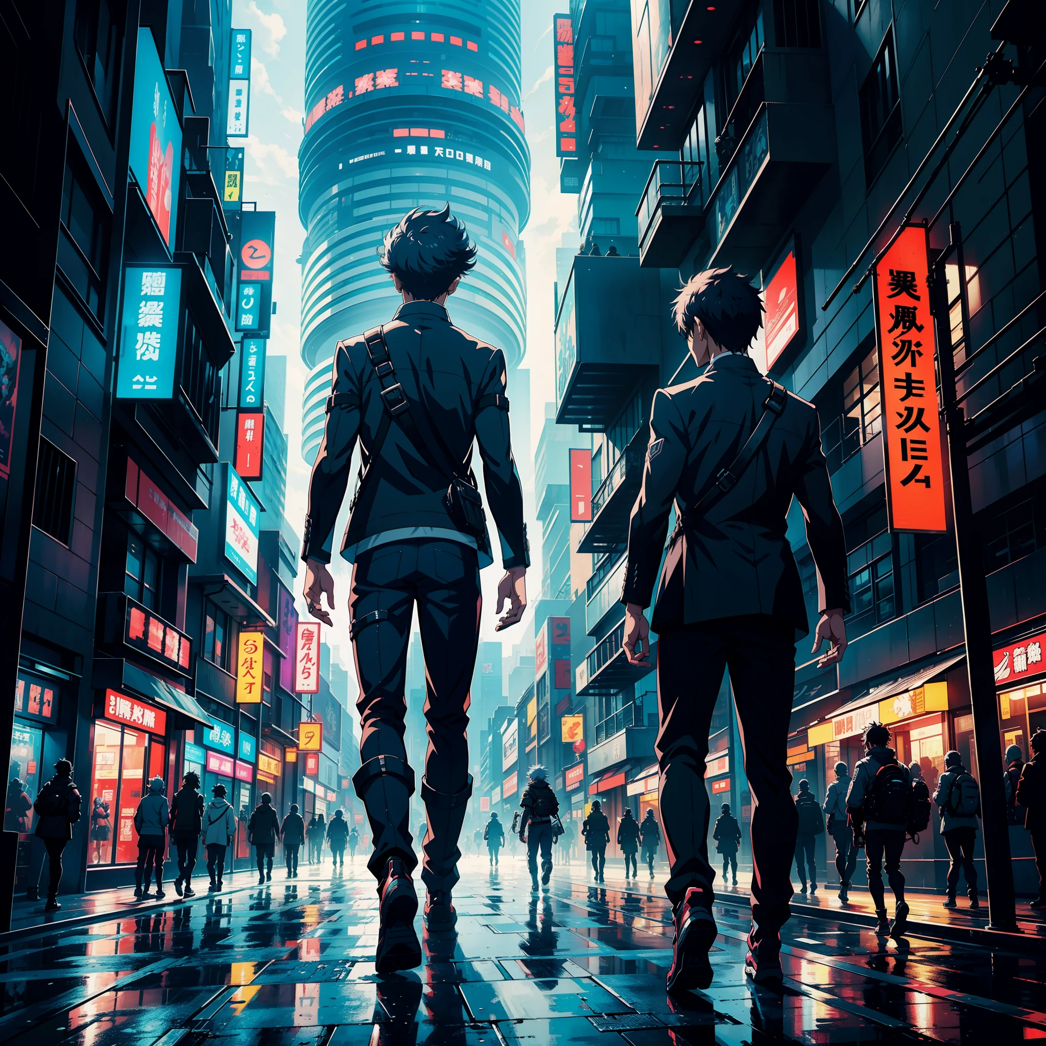 A futuristic setting,anime boy walking through the city, walking with his friends, surrounded by people, bustling city, amazing quality, highest quality digital art, highest resolution, absolutely stunning art, extremely detailed