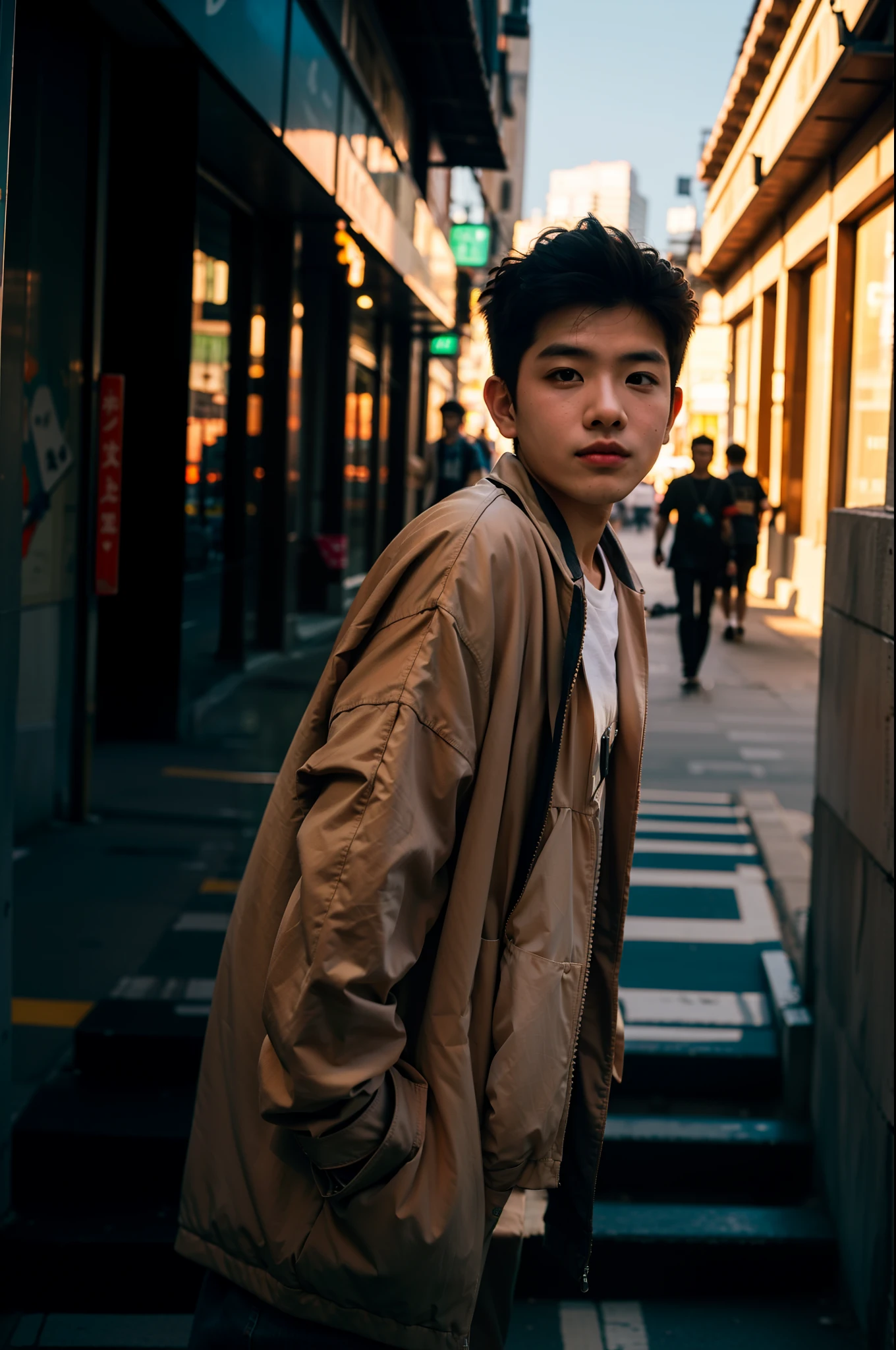 1boys,Commercial district,Fashion street photography,Sunset,Flashing neon,Photo taken by the Nikon D850 SLR camera,Ultra-wide-angle low-position shooting,Works of masters,8K,A picture,