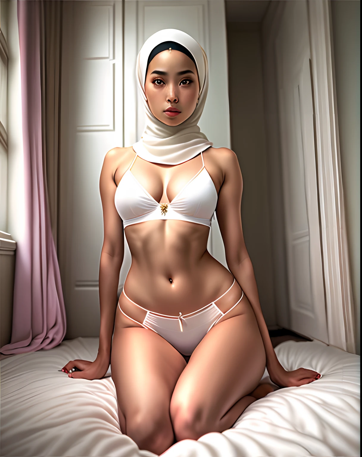 One topless girls, seducing expression, sexy pose, POV shot angle, kneeling on a bed, (4K), potrait shot,(CANON), (RAW), white lingerie outfit, (light_skin), (malaysia), (princess),((hijabi)), extremely detailed, high photorealistic, high quality, detailed eyes, slender waist, slender thighs, curvy bottom,medium build, soft lighting, Sharp focus,