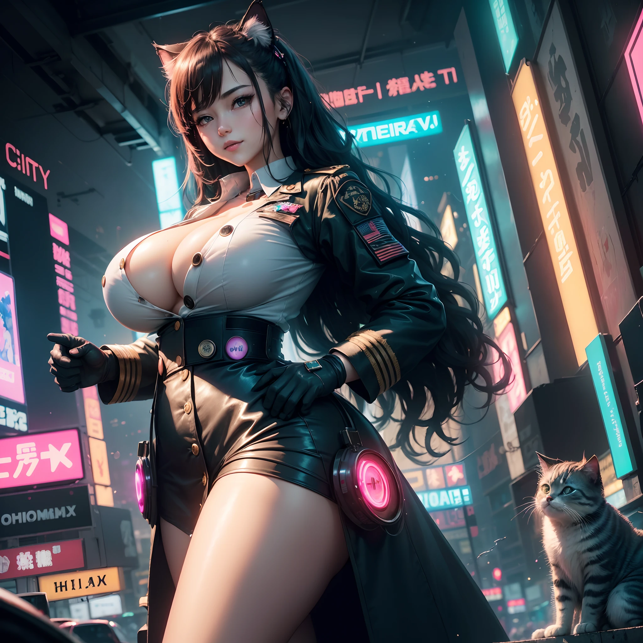 (top-quality), (masterpiece), (hight resolution), (tmasterpiece)、 cinematric light, Cinema Shadow, Sharp Image, Extremely detailed, Volumetric, (Neon City)、(cyberpunkcity), particles effect, beautiful effects, Vivid colors, neons, Neon light, colorful water splash, clear and beautiful, Mysterious, Beautifully painted,Tiere、(Cute kitten made in cyberpunk style)、1womanl,(very long wavy hair,30-years old,Large breasts, Huge breasts, huge-breasted, large full breasts, long drooping milk、I'm smiling、military weaponry)、(Button Up Military Uniform:1.3)、(Turbulent colorful light) 、(Full body photo)
