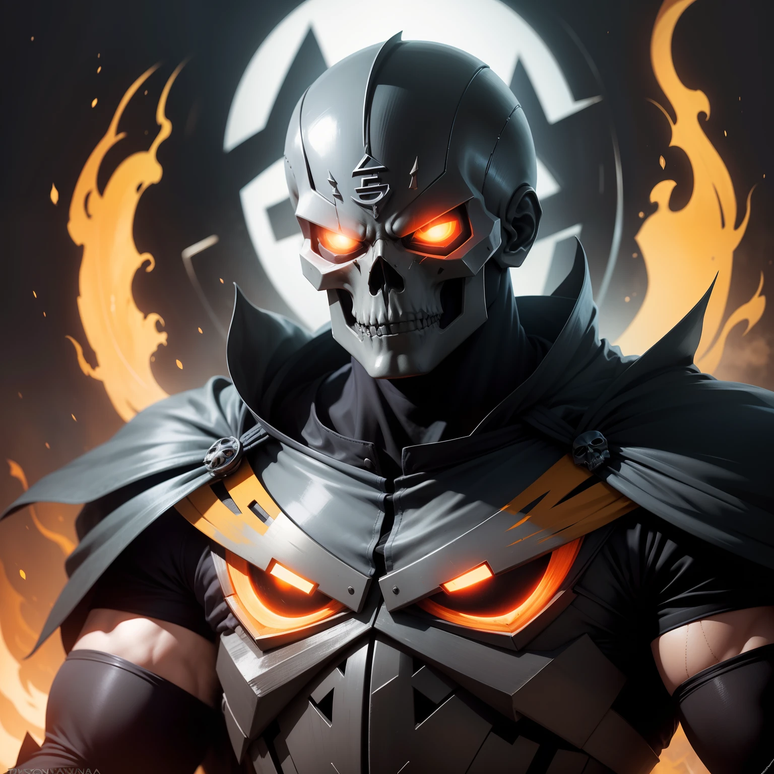 A man villain, intricate details, strong body, skull head, red eyes, wearing hood, colors, realistic, burning background, FHD, 3:2 --auto --s2