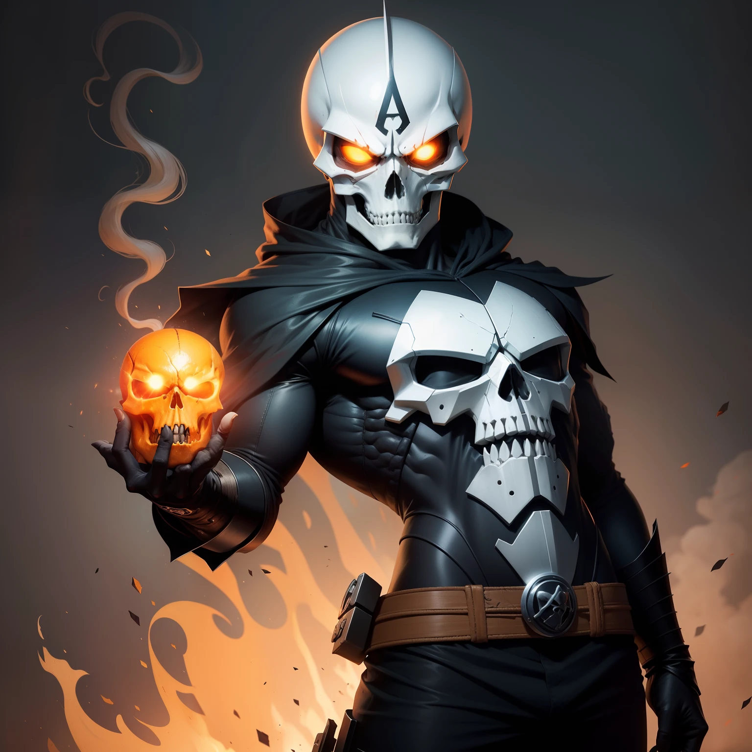 Uma foto do personagem do desenho animado, personagem fantomas, cor laranja, roupa laranja, criado por Takeo Nagamatsu, inspired by the cartoon The Warrior of Justice, heroi japones, skull head.