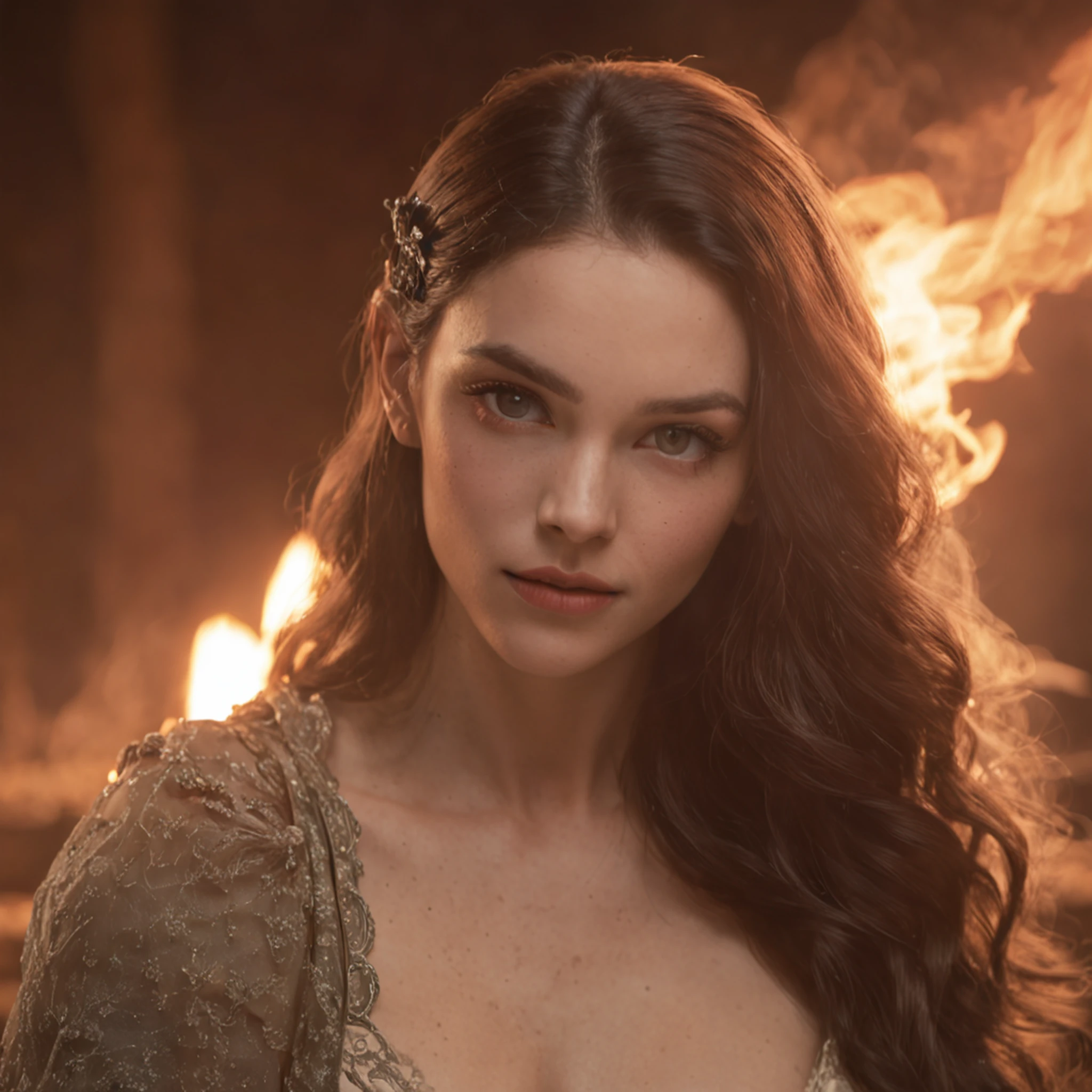 estilo modelshoot, cintura para cima, arte digital premiada de uma bela feiticeira conjurando fogo, totalmente vestida, in a fantasy village on fire and destroyed, olhos detalhados, magica, d&amp;d, obra-prima, melhor qualidade, alto contraste, soft-lighting, retroiluminação, florescer, brilhos leves, chromatic aberration, smooth and sharp focus, (Professional 3D rendering:1.3) de (Realistic:1.3) Foto de arte mais bonita do mundo，Features soft and bright female heroes, corpo inteiro 8k unidade render, action shot, poros da pele, very dark lighting, sombreamento pesado, circunstanciado, Rosto detalhado, (vibrante, fotogrdeia realista, Realistic, Dramatic, Escuro, foco nítido, 8k), ((((Use peles)))), (intrincado:1.4), decadente, (altamente detalhado:1.4), pintura digital, rendering by octane, art stations, Conceito-Arte, liso, foco nítido, illustration, germe da arte, (Loish:0.23), Wlop Ilya Kuvshinov, e Greg Rutkowski e Alphonse Mucha Gracias, (global ilumination, studiolight, Light Volumetric), chuva forte, floating particles, patife, fantasia, Onze, corpo inteiroesbian, ((Fundo escuro e antigo da cidade:1.3)),CGSesociedade,art stations