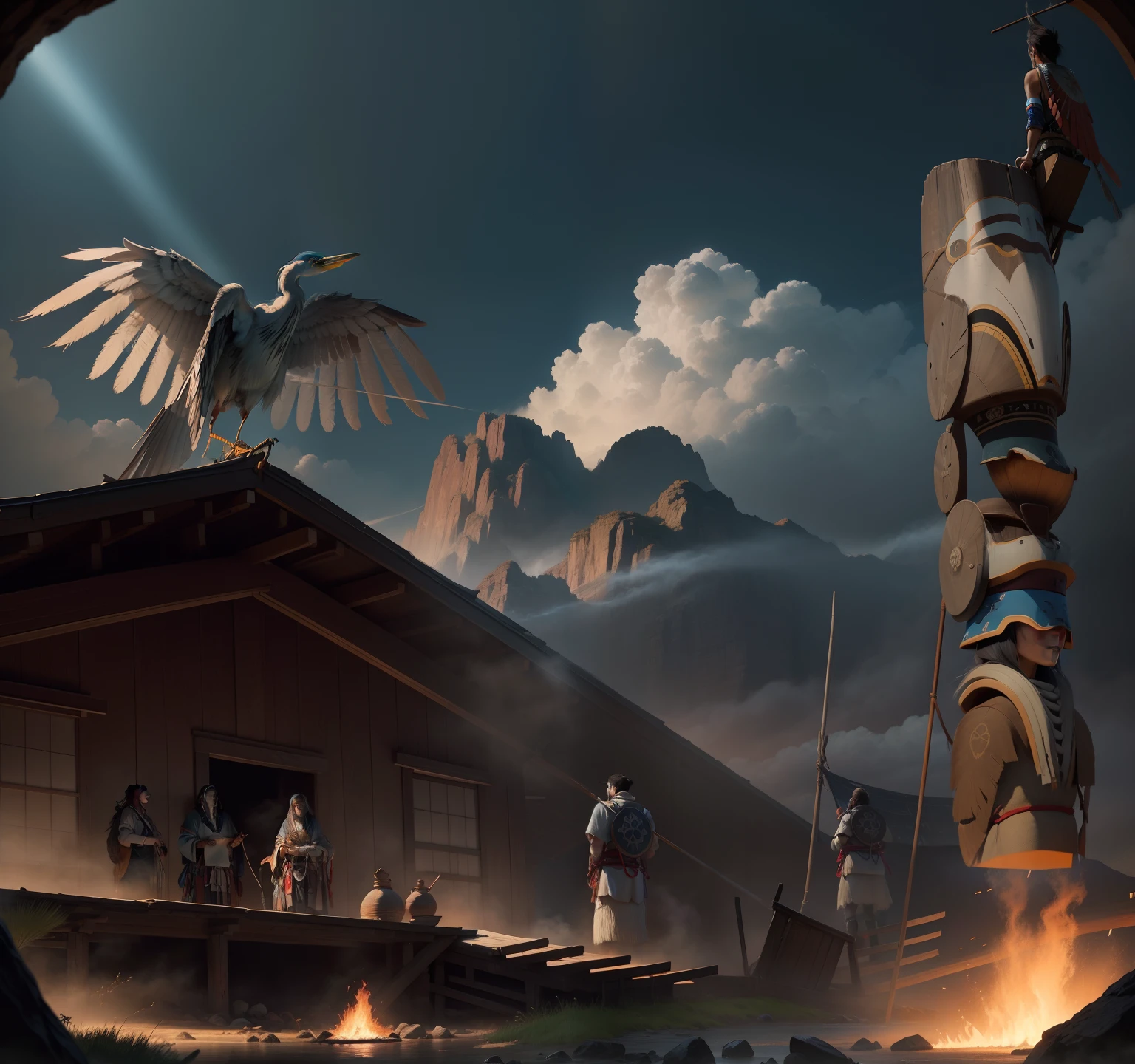 An ancient native american painting in the style of acient Japan， Draw a blue heron flying over a great lake，In the background is a native American longhouse with smoke coming from its central fire, rays of sunshine， tmasterpiece， super detailing， Epic composition， hyper HD， high qulity， extremely detaile， offcial art， 统一 8k 壁纸， super detailing， 32k --
