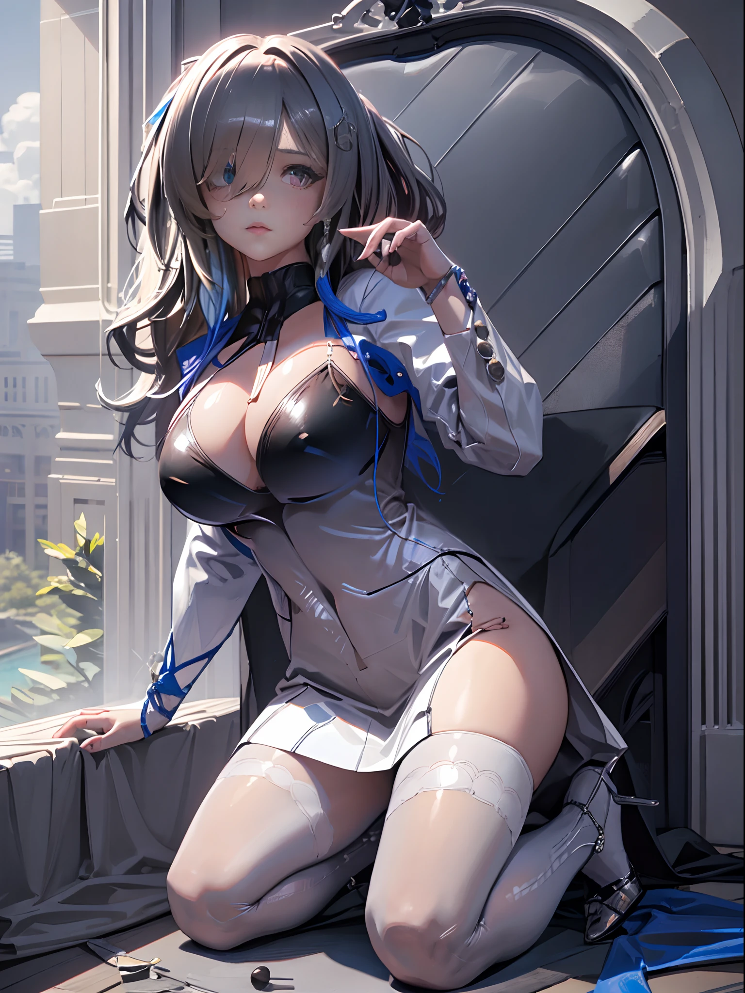 (Enrich the picture,Masterpiece level quality)Beautiful 8K CG artwork,Goddess-like posture,Kneeling exercise,Slim and soft,Translucent skin,with pink hair、The beauty of extra-long hair, Super Long Straight Hair,The skin is fair and juicy,Underwear miniskirt uniform,Perspective Part 1.2x enhanced silhouette effect,Exquisite transparent blues pattern in pajamas,The details are intricate and exquisite,The background is slightly blurred,Charming and lustful leg seduction,Drool,Q cups,Blush,Japan goddess,Perfect body slim curves,Scene by the sea,The shirt is fully open: 1.4, The chest is completely open, Shirts are worn over underwear, (Shirts are worn over underwear: 1.3),absurderes, 8K ,A high resolution, Ultra detailed, Beautiful, Masterpiece, Best quality, (Beautiful and delicate silver eyes), (3girl) ,Three sexy beautiful s in office OL (Office Lady),white button-down blouse,There is a collar,Black Slit Skirt,(Black pantyhose),Long legs ,Detailed legs,High heels,Side ponytail , bangs,full bodyesbian,Big breasts,cleavage,Cyan hair,Blue hair,Black hair,Blush,