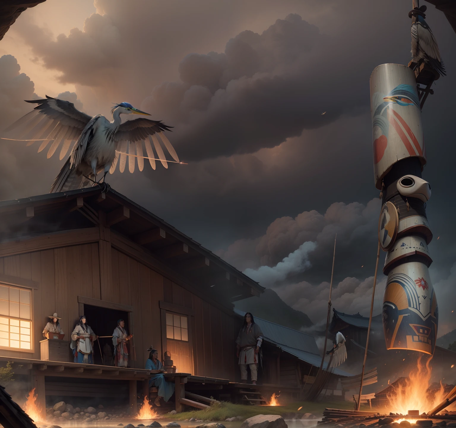 An ancient native american painting in the style of acient Japan， Draw a blue heron flying over a great lake，In the background is a native American longhouse with smoke coming from its central fire, rays of sunshine， tmasterpiece， super detailing， Epic composition， hyper HD， high qulity， extremely detaile， offcial art， 统一 8k 壁纸， super detailing， 32k --