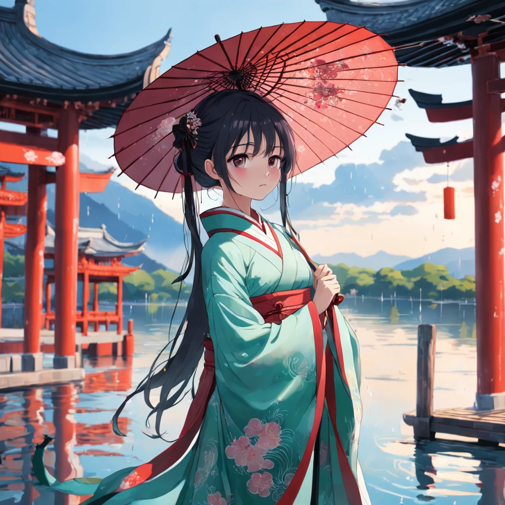 Boating on the lake,little bit of raining,holding a umbrella,Lori huge breasts cleavage,Hanfu,ancient wind,Plum pattern
