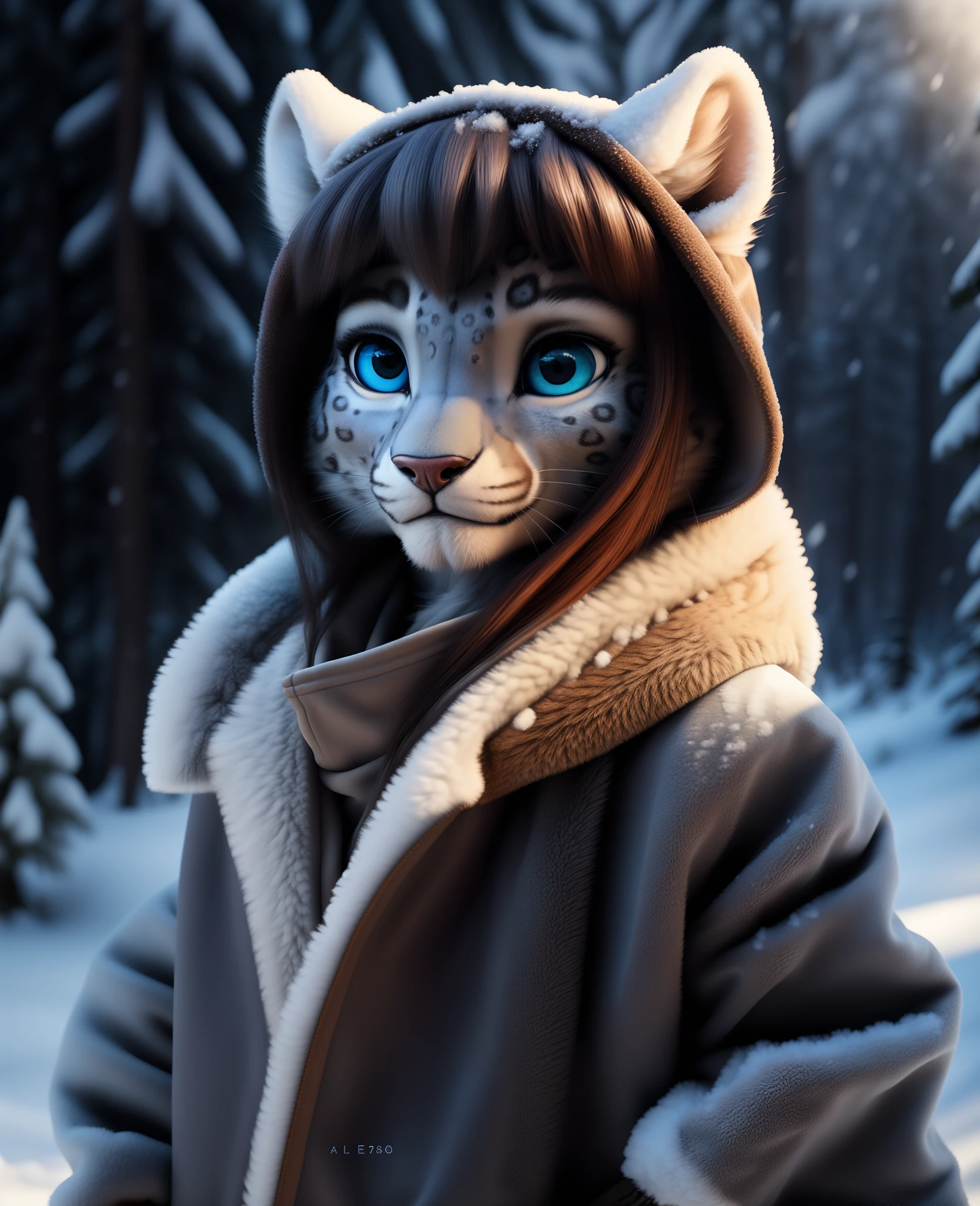 uploaded on e621, (kemono, anime anthro, anime furry), (female anthro snow leopard), young adult, gorgeous, photo model, ultra cute face, innocent face, playful, snout, soft and fluffy fur, (detailed fluffy fur texture:1.1), realistic fur, fur simulation, (hair, unique hairstyle, unique fringe, unique bangs:1), cute fang, snow, winter, winter jacket, (full-length portrait, standing), beautiful eyes, scenery, solo, (best quality, high quality:1.4), detailed background, (HDR, volumetric lighting, beautiful shading, rtx:1.2), (CG, realistic anime illustration:1), (fantasy artstyle, trending on artstation:1.1), (pixar style, disney style, ultra detailed, realistic fur simulation, realistic art:1.2)