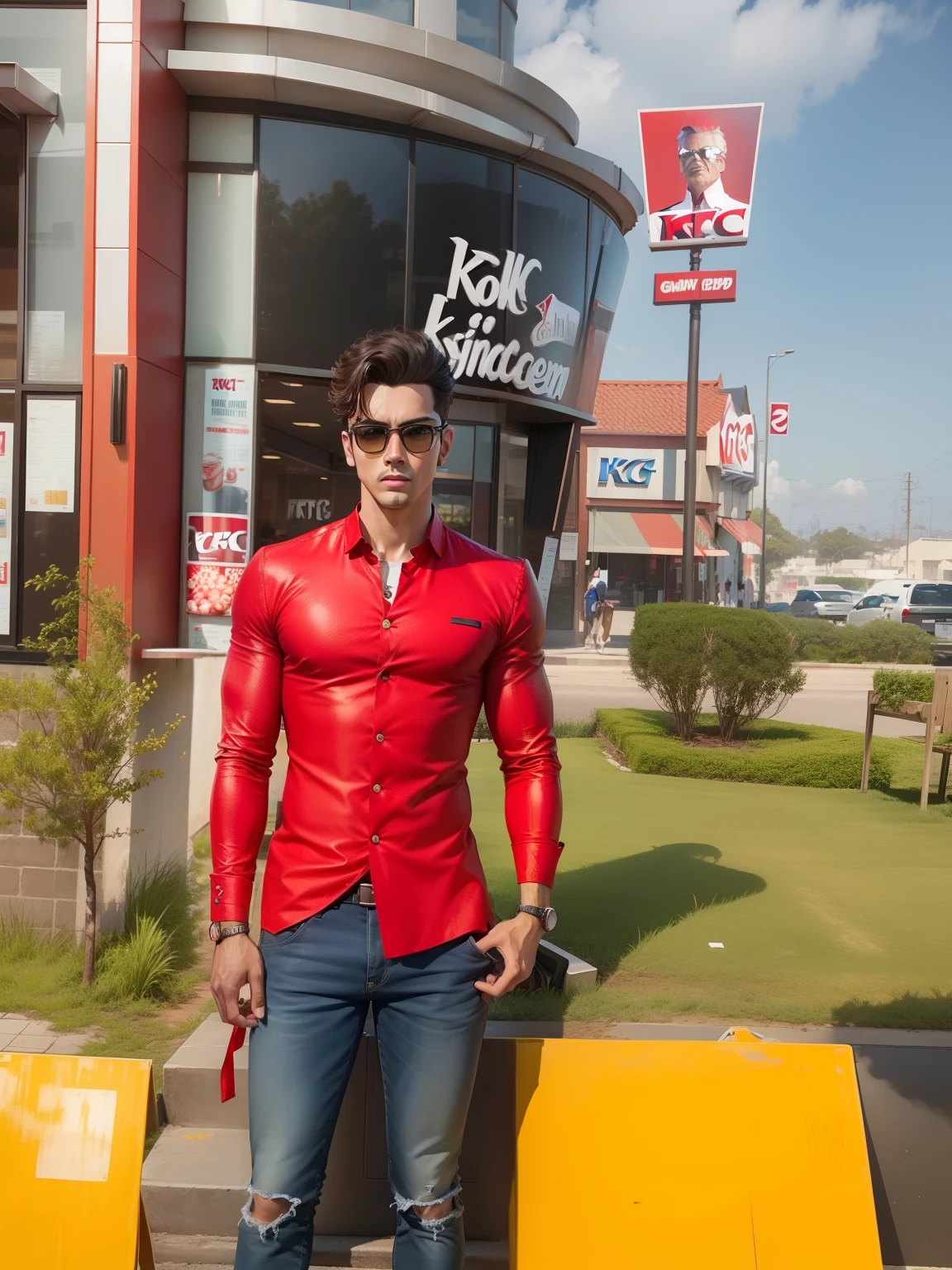 Background change KFC restaurant handsome boy and outfit changes most expensive outfit 8k resolution realistic photo