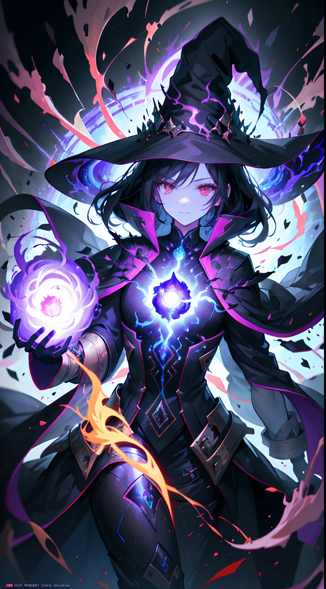 "1girl, with black hair and red eyes, embodying a fire witch, surrounded by swirling blood and illuminated by vibrant light particles and rays, creating a captivating wallpaper with high contrast and vibrant colors."