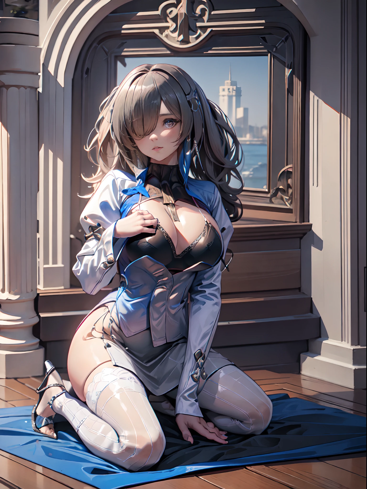 (Enrich the picture,Masterpiece level quality)Beautiful 8K CG artwork,Goddess-like posture,Kneeling exercise,Slim and soft,Translucent skin,with pink hair、The beauty of extra-long hair, Super Long Straight Hair,The skin is fair and juicy,Underwear miniskirt uniform,Perspective Part 1.2x enhanced silhouette effect,Exquisite transparent blues pattern in pajamas,The details are intricate and exquisite,The background is slightly blurred,Charming and lustful leg seduction,Drool,Q cups,Blush,Japan goddess,Perfect body slim curves,Scene by the sea,The shirt is fully open: 1.4, The chest is completely open, Shirts are worn over underwear, (Shirts are worn over underwear: 1.3),absurderes, 8K ,A high resolution, Ultra detailed, Beautiful, Masterpiece, Best quality, (Beautiful and delicate silver eyes), (3girl) ,Three sexy beautiful s in office OL (Office Lady),white button-down blouse,There is a collar,Black Slit Skirt,(Black pantyhose),Long legs ,Detailed legs,High heels,Side ponytail , bangs,full bodyesbian,Big breasts,cleavage,Cyan hair,Blue hair,Black hair,Blush,