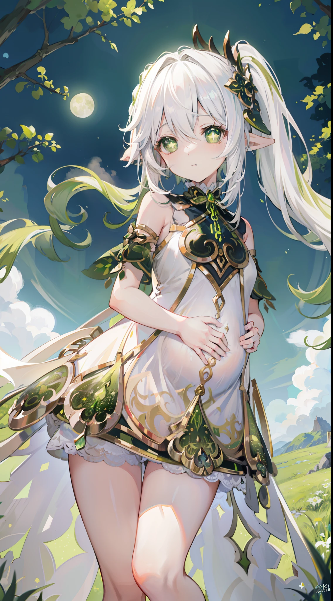 Nahida_Genshin,(White hair),cross-shaped pupils,default_dress,Green cape,simplebackground,themoon,The breath of life,green color,grassy fields,The breath of life,Gentle and powerful divinity,A sense of majesty,Poor milk,prengant,Pregnant women's tummy