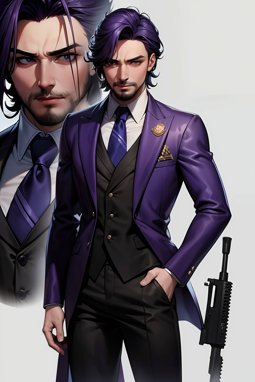 Hombre, A close-up of a person holding a gun in a purple suit, Valorant Character, Personaje de Valorant, Primer plano del arte del personaje, Concept Artstyle, como personaje de Valorant, valorando style, Presagio de Valorant, Fanart de Valorant, Sombra de Valorant, como personaje de Valorant,