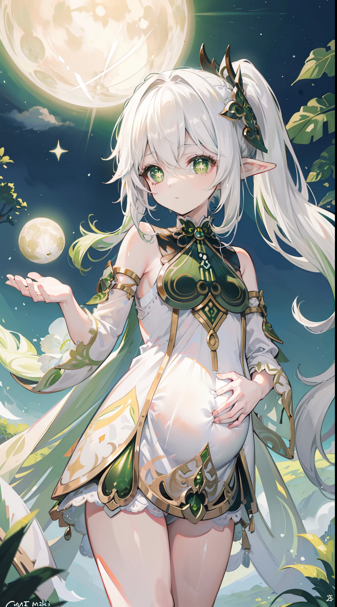 Nahida_Genshin,(White hair),cross-shaped pupils,default_dress,Green cape,simplebackground,themoon,The breath of life,green color,grassy fields,The breath of life,Gentle and powerful divinity,A sense of majesty,Poor milk,prengant,Pregnant women's tummy