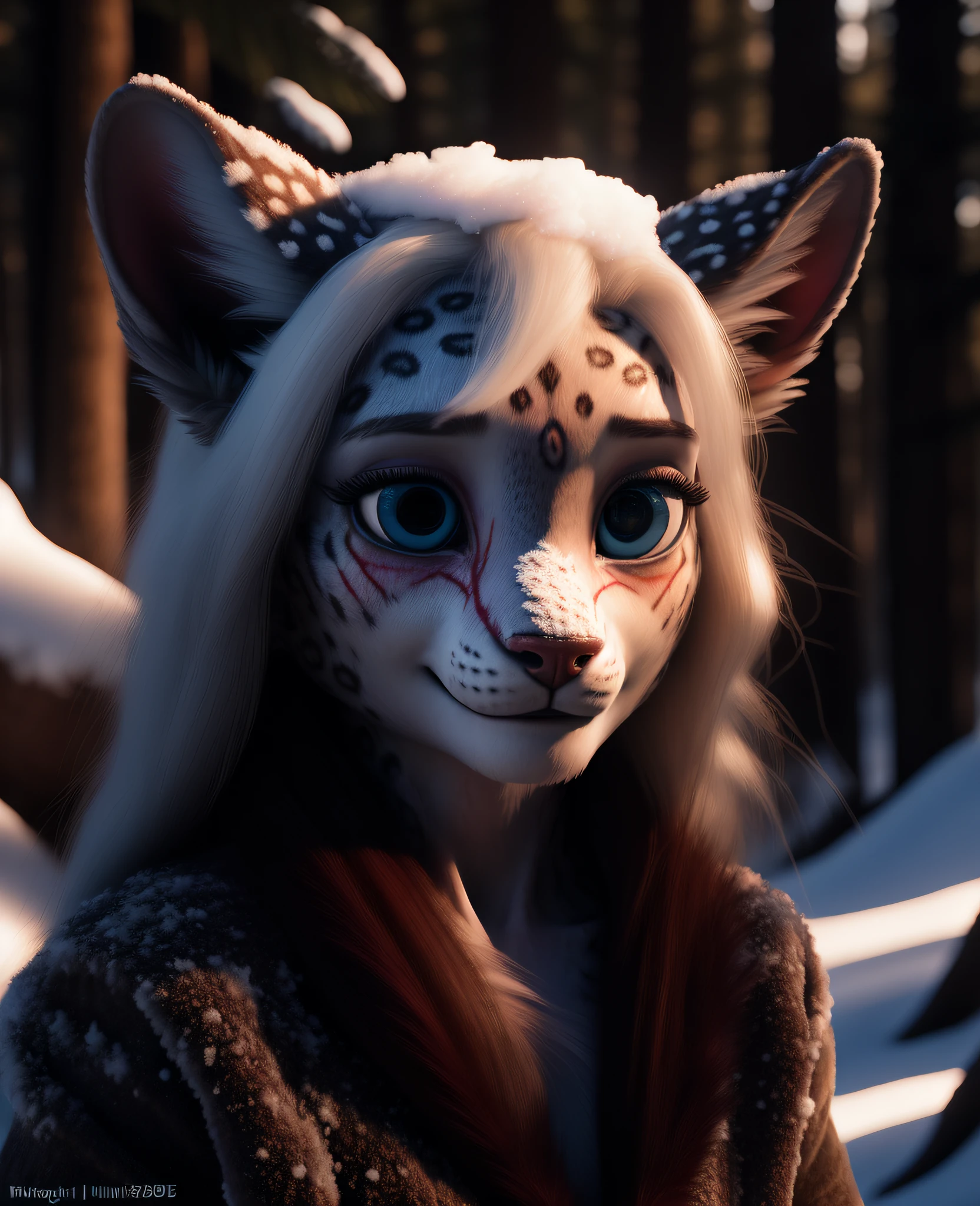 (blood runs down the fur, girl covered on blood, blood on snow:1.4), (male dead corpse:1.4), winter forest, realistic snow, detailed background, furry female, snow leopard, body fur, fur, anthro, fluffy, neck fur, body fur, animal ears, animal nose, blush, nude, pawpads, outdoors, blue detailed eyes, long hair, hair ornament, white hair, full body, smiling, cute, shy, young, petite, slim, feminine, large eyes, breasts, 3d octane render, unreal engine raytraced screenshot, cgi, photorealistic, redshift, unrealistic lighting,high detail, realistic, masterpiece, absurdres, best quality, HDR, high quality, high-definition, extremely detailed, 8k wallpaper, intricate details, 8K uhd, Full-HD, (realistic photo:1.2), contrast, harsh lighting, cinematic lighting, natural lighting, hard light, backlighting, ray tracing, global illumination, ambient occlusion, depth of field, Field of View, lens flare, bloom, stunning environment, Rim Lighting, Soft Lighting, Accent Lighting, Filmic, Tonal Colors, Nikon D750, Brenizer Method, F/2.8, Tonal Colors, ProPhoto RGB, Perfectionism, Diffraction Grading, RAW photo, dslr, film grain, Fujifilm XT3