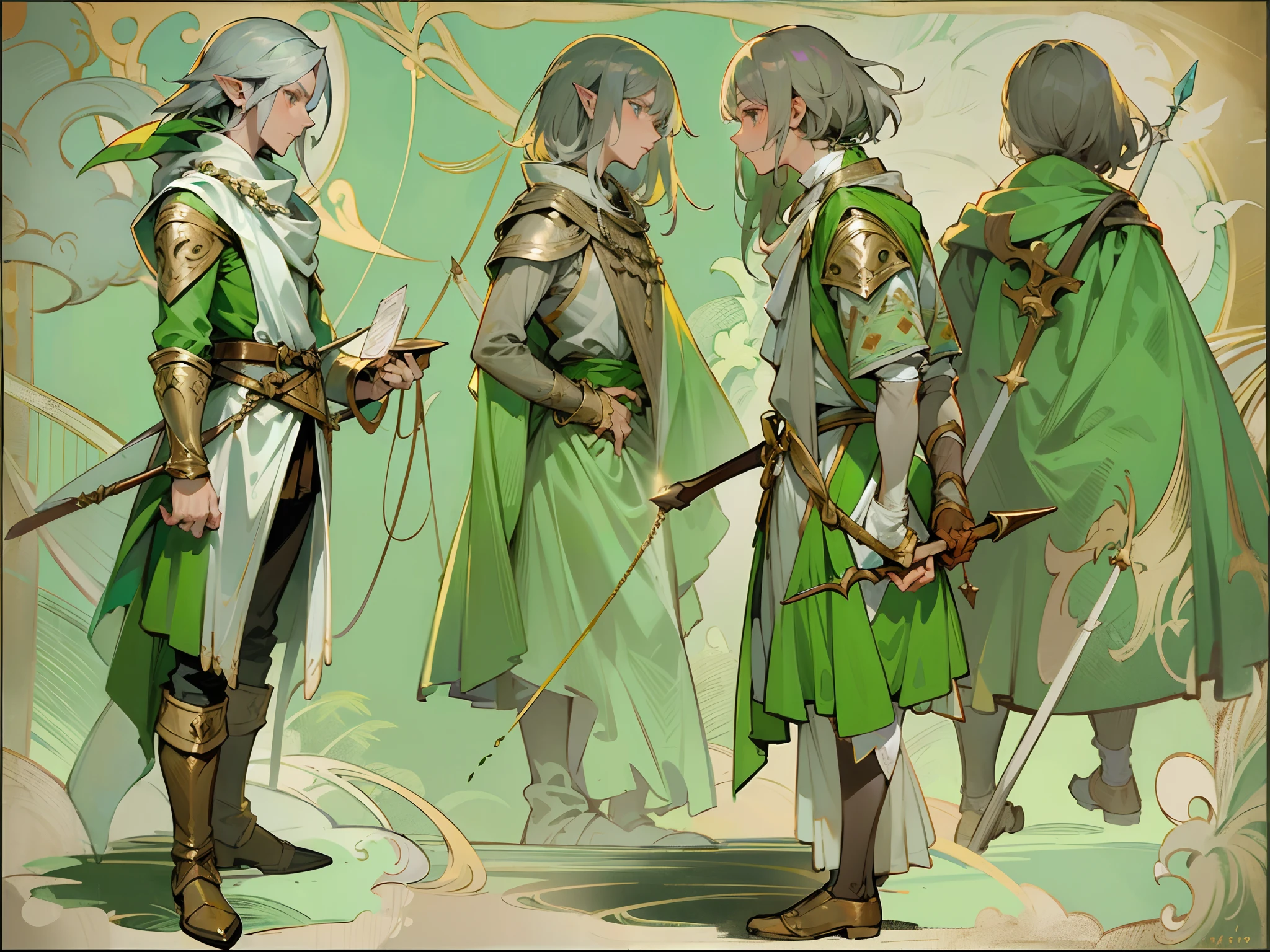 ((Elfo Masculino)), (elfo de madeira), fantasia medieval, ((roupas nobres)), arco e flecha, silver hair