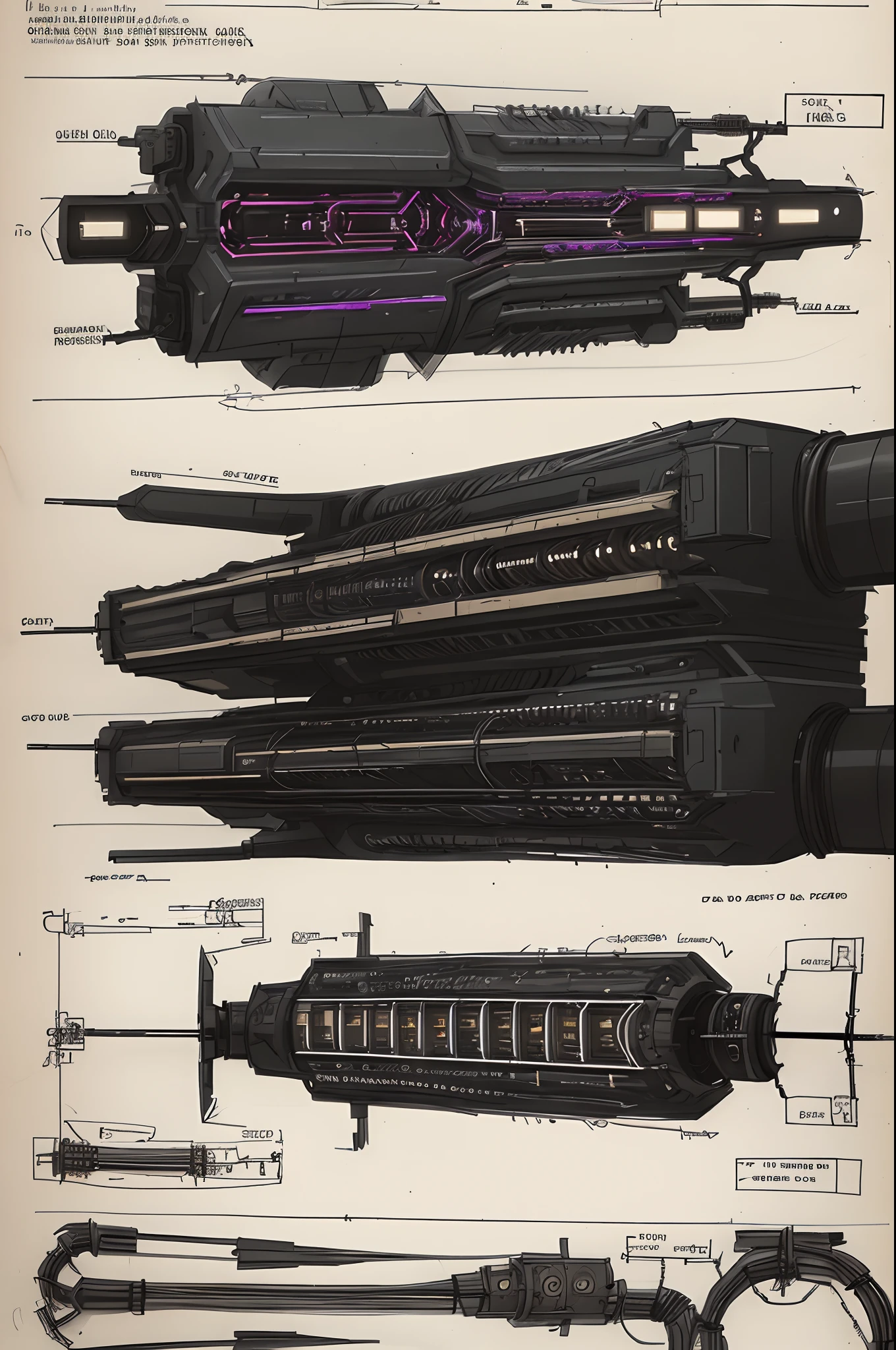 Hand drawn 50's ad for a girl, art by Wayne Reynolds and Daren Bader and Tom Tenery, old paper with detailed schematics of dark cyberpunk , electronics, wires steampunk , detailed drawings, cross section, concept sheet sketch, 8k, detailed, realistic, 8k uhd, high quality