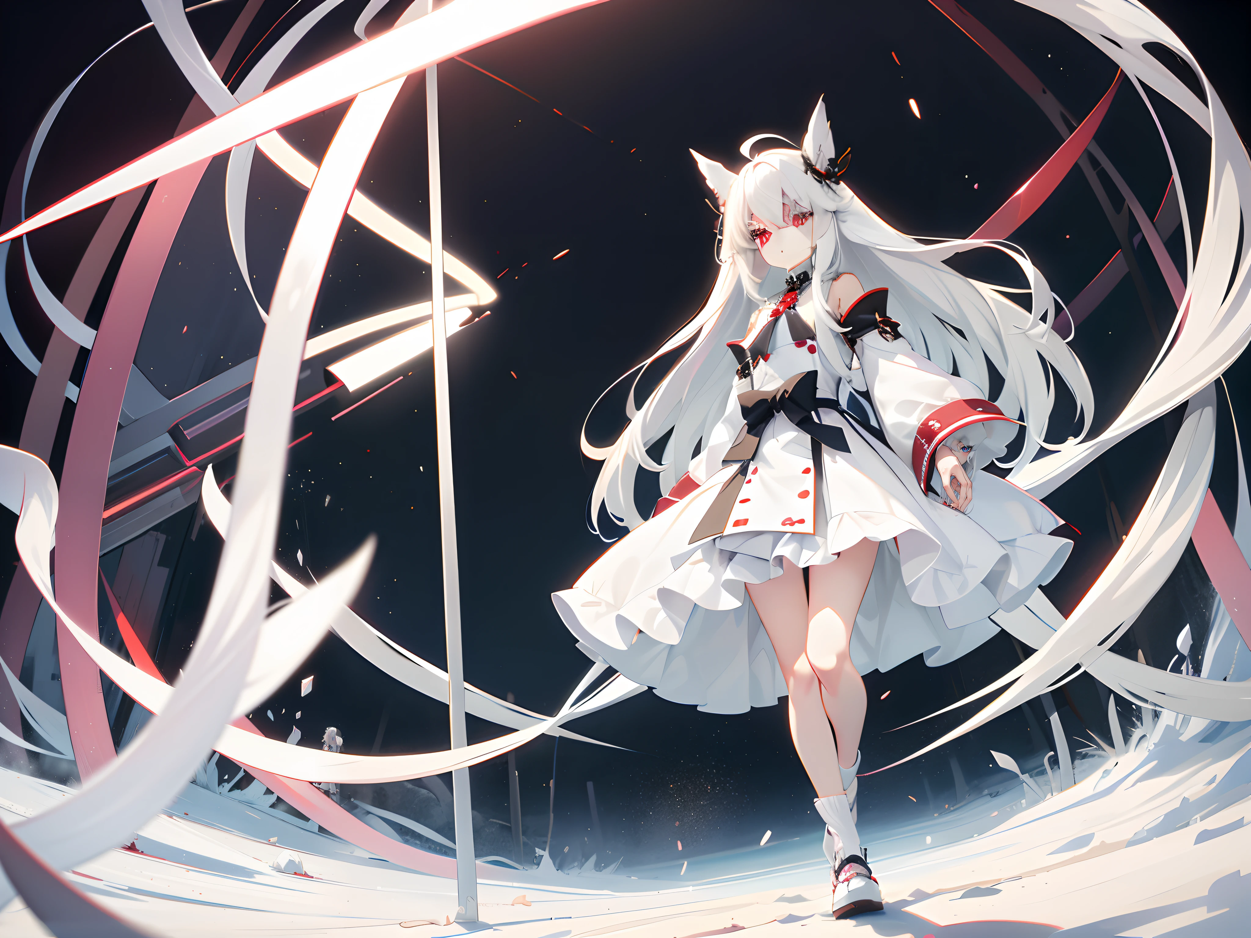 White-haired ,Long hair and waist,Single full-body photo,expressiveless,The hair is a little messy,adolable,Gray pupil of the left eye,Red pupil of the right eye