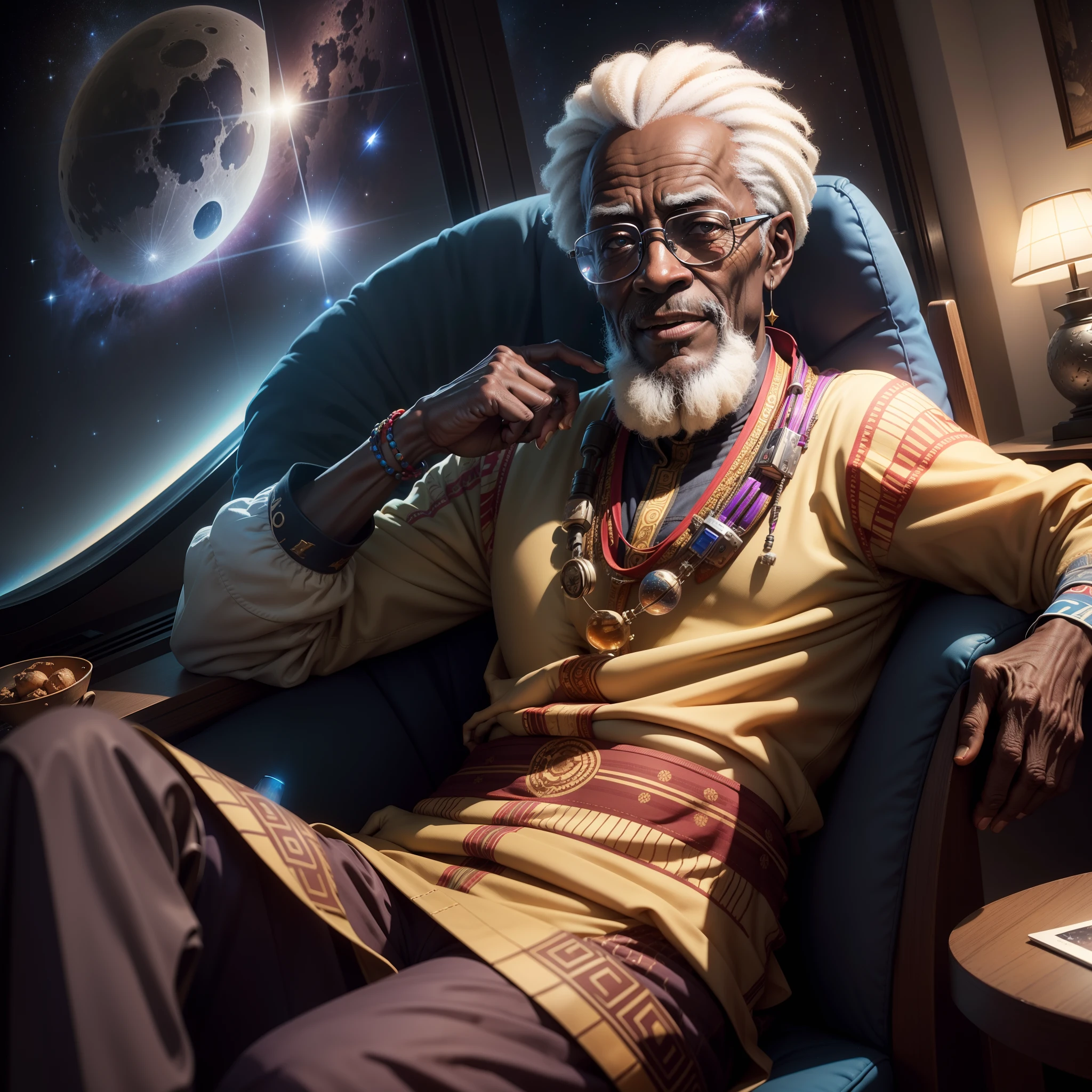 An elderly old African man in African design clothes, sitting on the moon in outer space, happy and leaning back in chair wearing dark shades, drinking a glass of wine and watching Television, stars around him shining a light on him, with iridescent light, highly detailed images, vibrant beautiful colours, photorealistic image, 8k, ultra HD, unreal engine rendered, cinematic lighting, artgerm style,