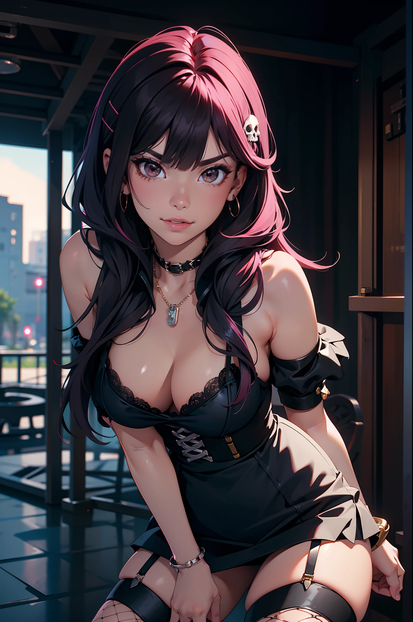 long hair, black hair++, pink hair++, brown eyes+++, blunt bangs++, tousled hair, best quality, smirk++, large breast, narrow waist, petite, plump lips+, thick lips++, long lashes+, black mini skirt++, pink corset++, fishnets++, garter belt++, black combat boots++, lace detailing++, skull necklace++, piercings, jewelry, hairclips+, outdoors background+, blurry background, close up, leaning forwards++, HD++, 8K+++, highres, thick thighs,