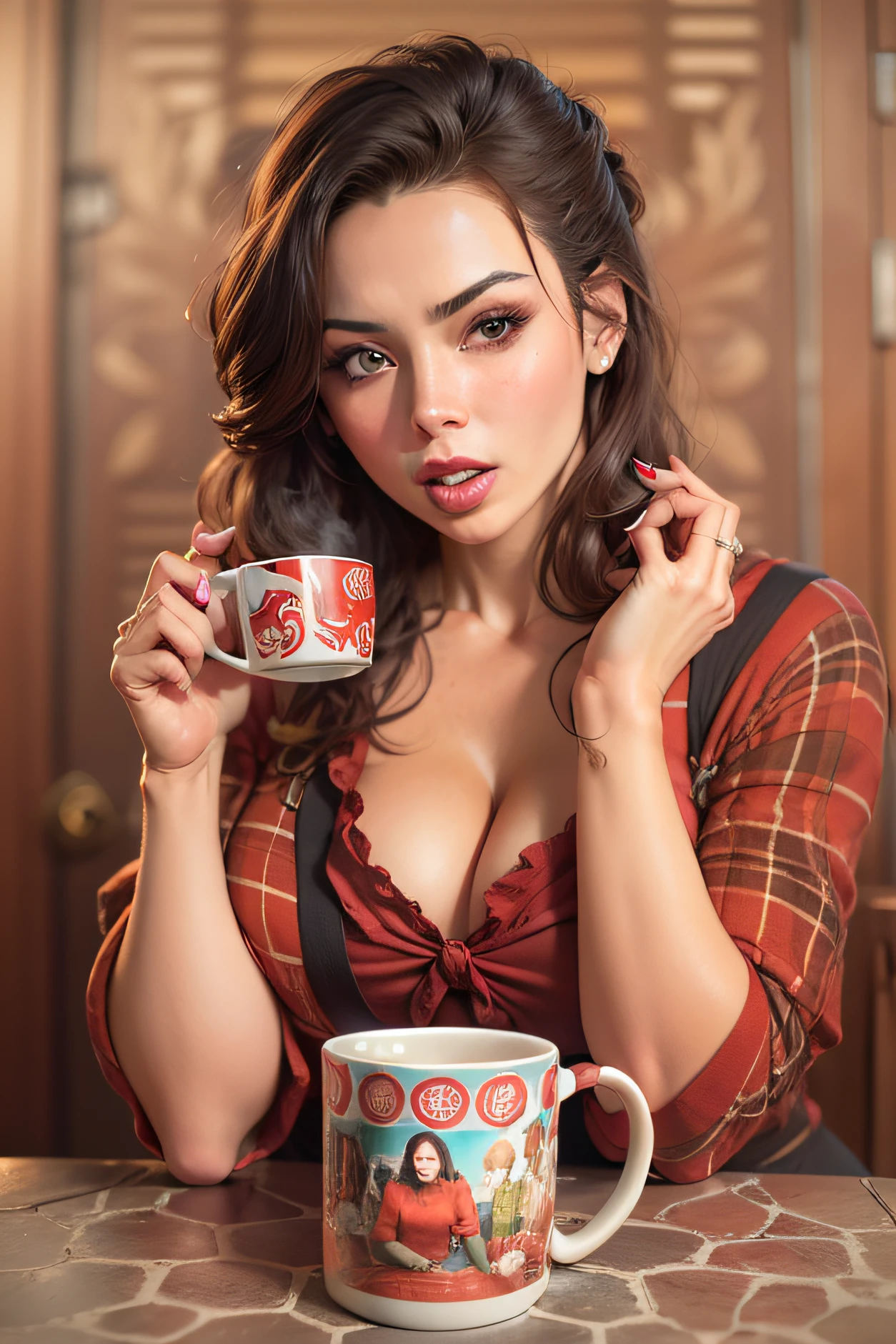 big boobs, good looking lady, cleavage showing drinking out of a printed mug.