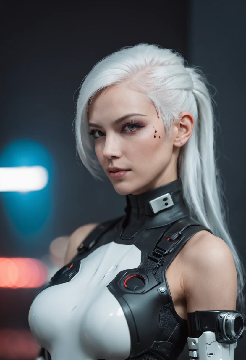 Cyberpunk-city，Cyborg a lady，white color hair。