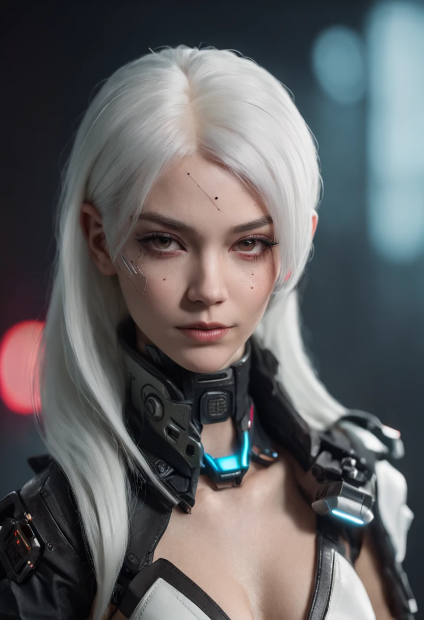 Cyberpunk-city，Cyborg a lady，white color hair。