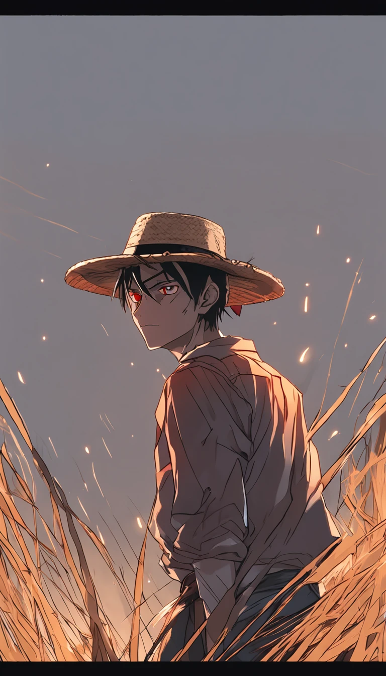 1boy, wanostyle, monkey d luffy, smiling, straw hat, looking at viewer, solo, upper body, ((masterpiece)), (best quality), (extremely detailed), depth of field, sketch, dark intense shadows, sharp focus, soft lighting, hdr, colorful, good composition, fire all around, spectacular, closed shirt, anime screencap, scar under eye, ready to fight, black eyes