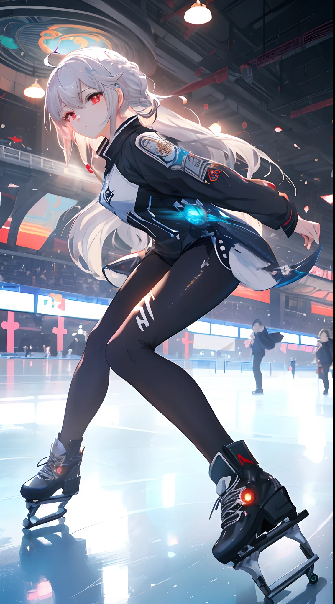 (masterpiece:1.5),(bestquality),highlydetailed,ultra-detailed,1girl,bishoujo,stare,red eyes,(beautiful detailed eyes:1.2),(long hair:0.8),(white hair:silver_hair:0.5),(Wing-like bangs:ahoge),Dull hair,(Medium chest: C cup:0.7),Hair rings,braid,cold,Anime figure skating on ice in large indoor arena, Ross Tran style, trending on artstation pixiv, Guweiz in Pixiv ArtStation, Guweiz on ArtStation Pixiv, author：ross tran, Digital art on Pixiv, In the style of Ross Tran, Ross Tran 8 K, Smooth anime CG art, ross tran. scenery background