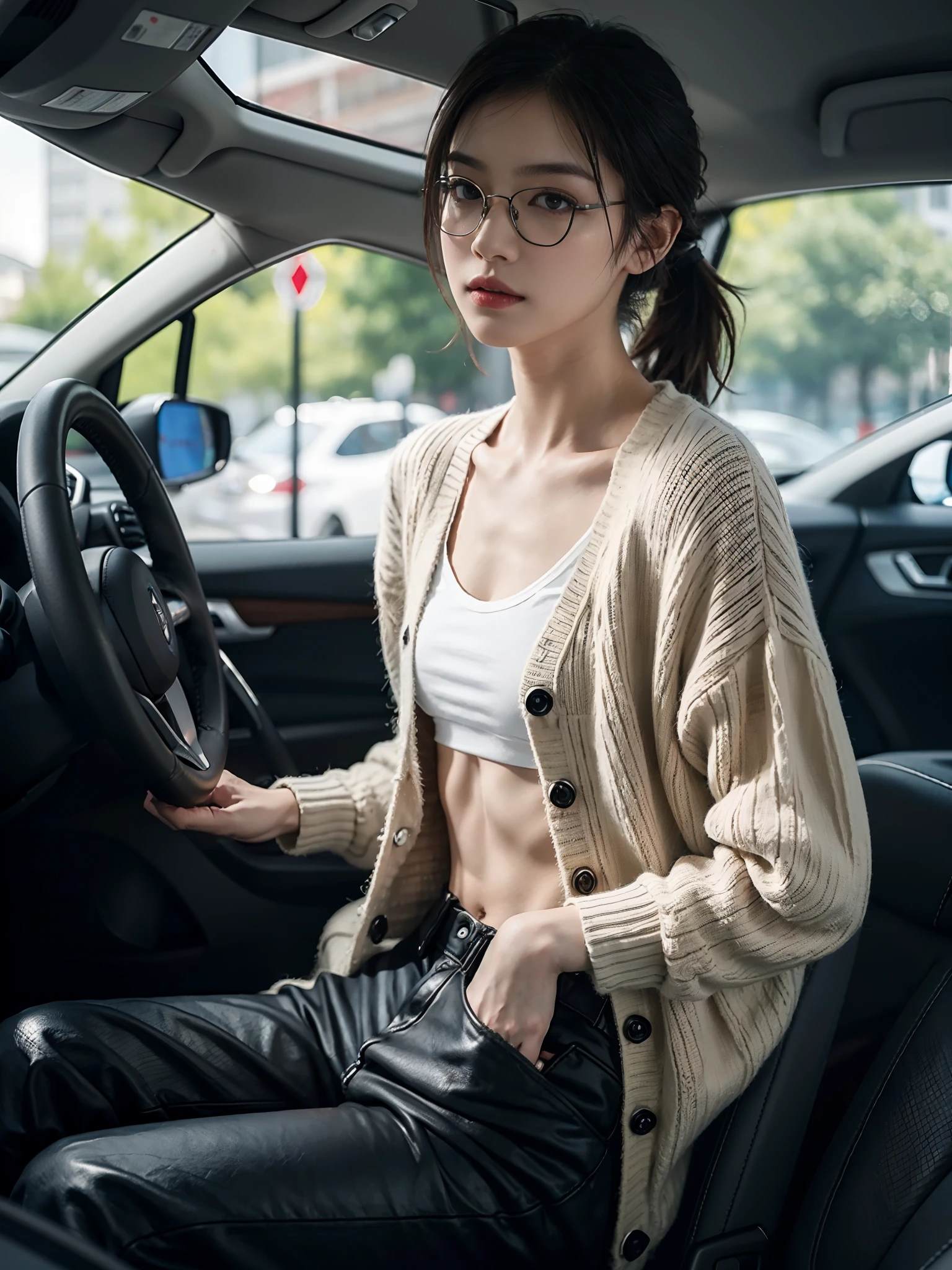 ((smallunderboob,Tomboyish,small heads)), (Well-defined abs: 1.1), (perfect bodies: 1.1), (short-length straighthair: 1.2), Black hair, upper body photos, attractive collarbone，nabel，（极其细致的CG 8k壁纸），（Extremely refined and beautiful），（tmasterpiece），（best qualtiy：1.0），（超高分辨率：1.0），beautiful light up，Perfect lightning，realistic shaded，[A high resolution]，Smooth and flawless fair skin，ultra - detailed ，Elongated legs，flatchest，Slim，emaciated，Female driver，Wearing glasses，Look ahead，Short ponytail hair，Sven scum，In a spacious private vehicle，Place your hands on the steering wheel，driving car，Gilet blanc，Thin white cardigan，Black beggar pants with big tattered holes，black military boots