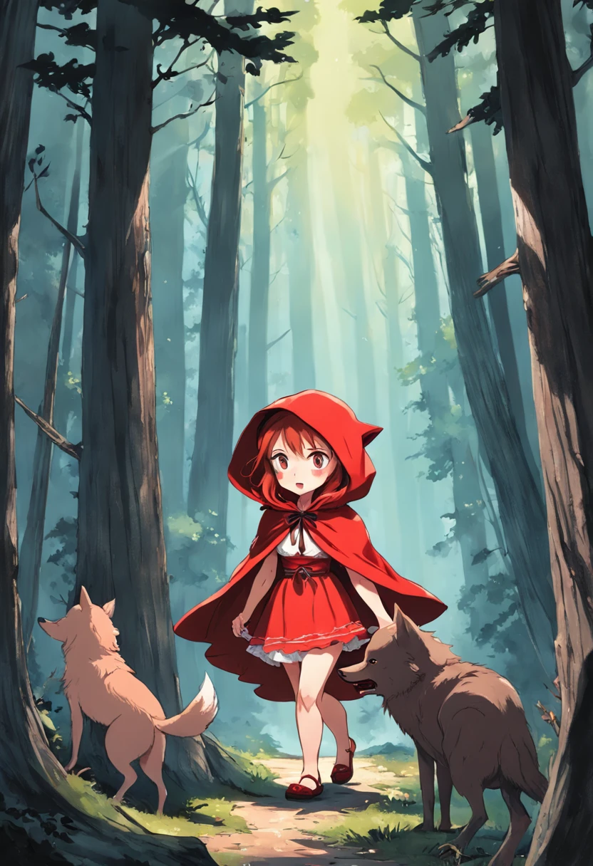 Naked Little Red Riding Hood, big bad wolf, red riding hood, in woods, Put a classic children's illustration, Naked Little Red Riding Hood, , story book illustration, Richard Scary, story book illustration, Modern fairy tale illustration, Storybook Art, Paul Jack Davis, storybook illustation, Pol Maurice Sendak, , detailliert, hight resolution、fullnude、fullnude。Naked sister