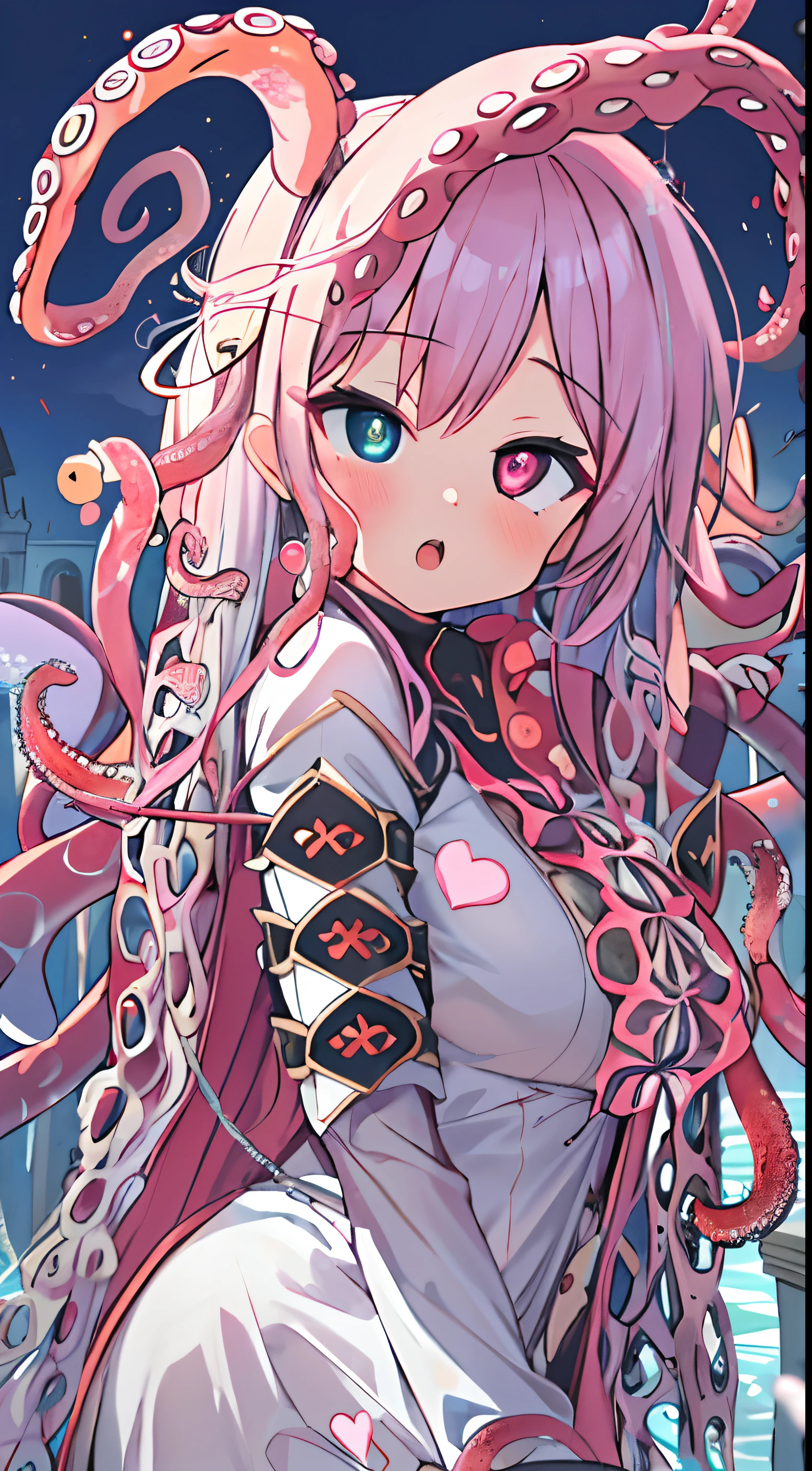 one-girl、Large breasts,Protrude the head,Heterochromia of the pupils,Pink heart-shaped pupils,Big head、Lots of detail、Cute girl,largeeyes、The background is complex、The face is close to the audience,Big orange eyes、Red blush、open open mouth、Stick out her tongue、Mouth open、Happy emoji,Milky white liquid,Giant octopus catches the maiden、Long dress,The tentacles grab the arm,The tentacles are wrapped around the crotch、Tentacles grasp the buttocks、Tentacles grasp the legs,Under the water、20+tentaculata,There are many smaller eyes on the tentacles,Black Castle Background,Octopus tentacles,The tentacles are covered with eyes,Tentacles wrap maiden,Lots of details,monstergirl,Under water,wonderful dress,dark castle background,black lence stockings,Tentacles wrap around the body,The body is wrapped in many tentacles,A large amount of colored mucus,Bust,Face close to camera ,Cute girl imprisoned in the ruins of a building,ventania,Pink colorful hair, Colorful eyes,Beautiful outfit、Bright red sky、view the viewer,Lens flare,Dramatic, Bruising all over the body、Tentacles, Tentacle sex, vaginal, Tentacle bound legs, Tentacle bound arms, Tentacle shackles arms, Blush,