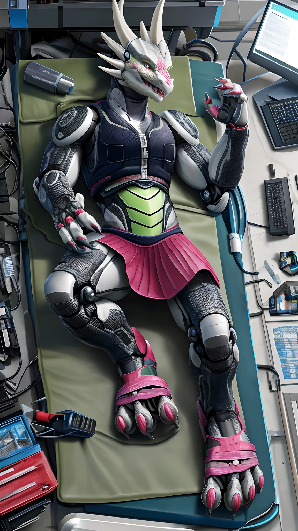 Bionic robot dragon,female,Gilet blanc,Short pink skirt,sandals,Lying in the lab was modified by the program,HD graphics,Detailed and realistic,high detal,high qulity,photo-realistic,photorealistic eye,Detailed paws,Clear eyes,Masterpiece artwork,Five-fingered hands