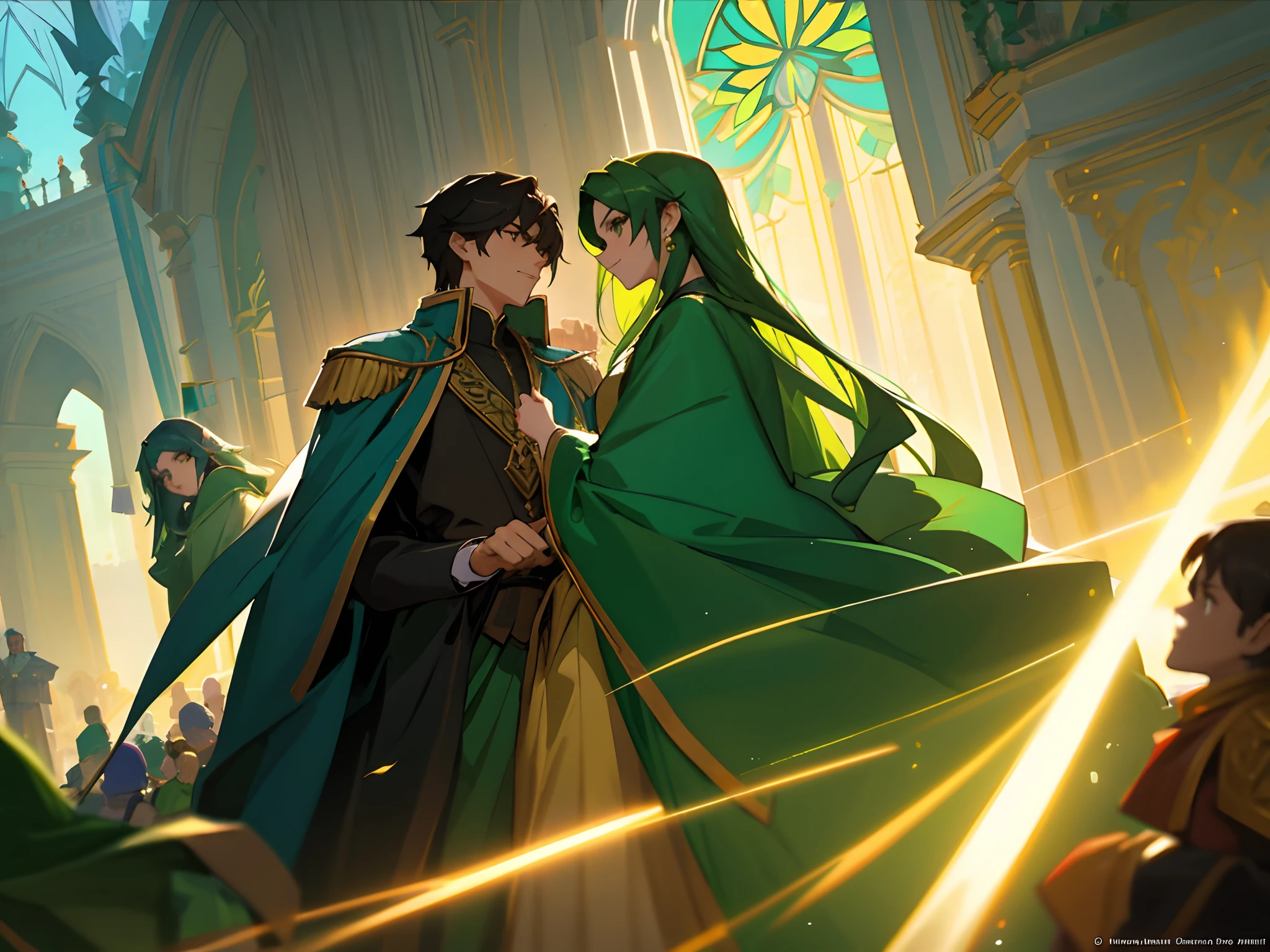 There is a man people dressed in green and gold, Arauto Esmeralda, Krenz Cushart e Wenjun Lin, O Arauto Esmeralda, Green robes, design de personagens de d & d, arte conceitual de design de personagens dnd, Personagem de arte conceitual de RPG, Arte conceitual de personagem de RPG, arte do jogo de RPG, arte conceitual de alta fantasia, d&d arte do personagem