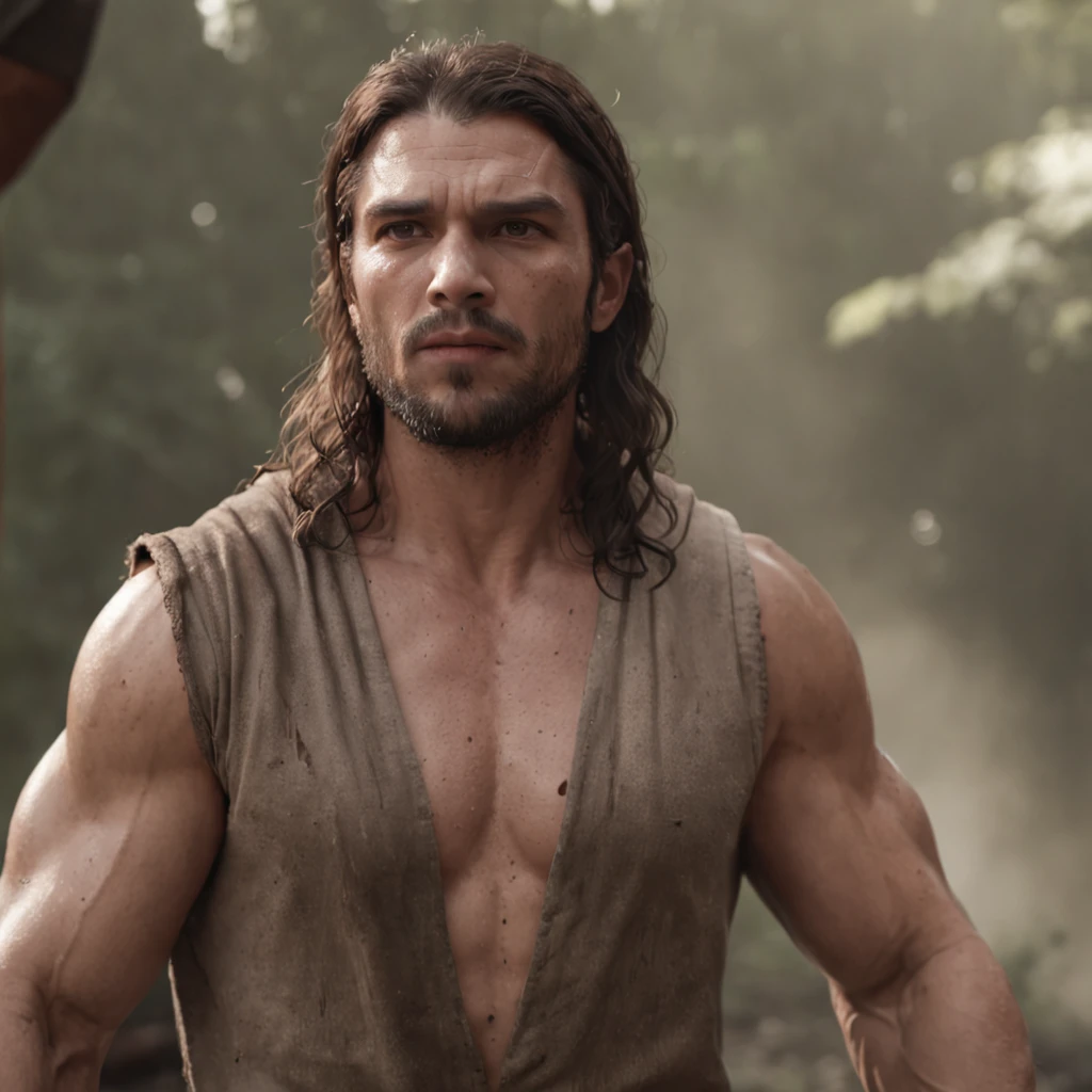 Hercules at the age of 28, sentado em um trono grego, manto de pelo escuro cobrindo as coxas, cabelos longos, pele bronzeada, corpo musculoso, forte, suor no corpo, foco nítido, noite, qualidade 8K