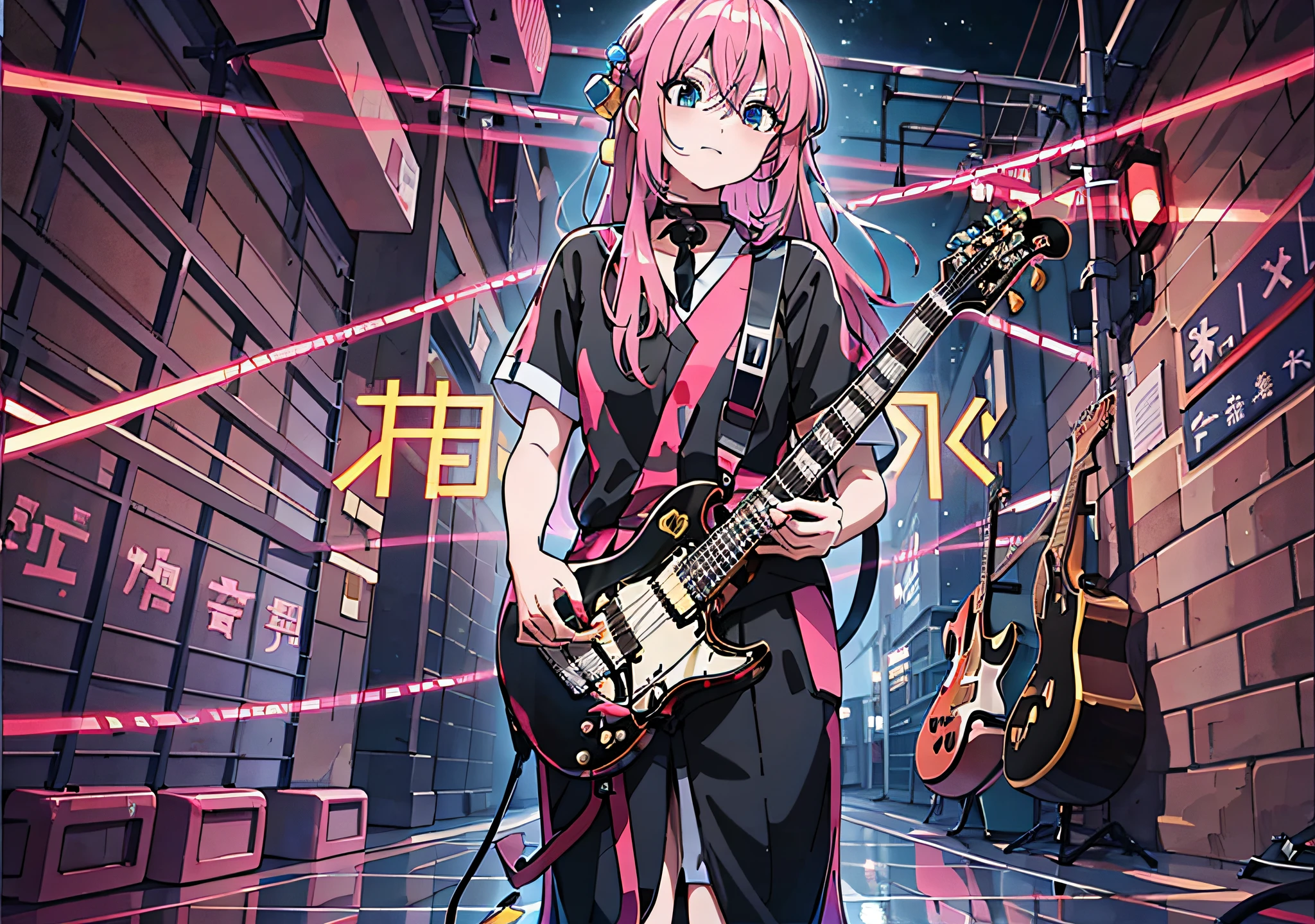 Anime girl with pink hair playing guitar in dark alley, Best anime 4k konachan wallpaper, style of anime4 K, high detailed official artwork, Anime style illustration, Official artwork, Marin Kitagawa fanart, guitar solo, E-Girl, e - girl, anime vibes, rocking out, anime moe art style, in the art style of 8 0 s anime,Pink Long Hair,Dull hair,Kazuri Goto,hitori