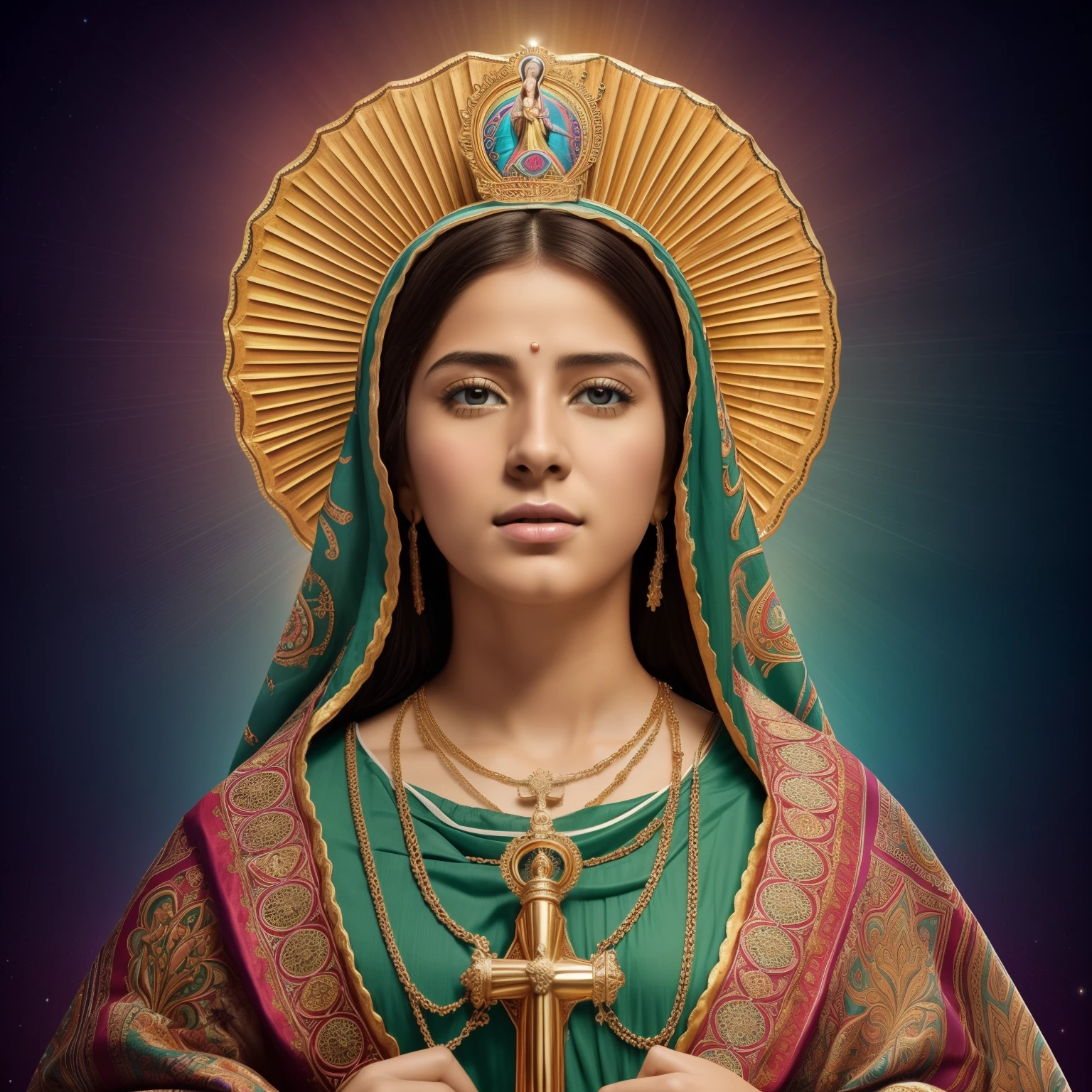 ((Holy Virgin Mary of Guadalupe, 19 year old,  de rostro y aspecto anglosajona))) (((Con una cara seria y piadosa. Con una mirada dulce y tierna))) (obra maestra, calidad superior, mejor calidad, arte oficial, beautiful and aesthetic: 1.2),  extremadamente detallado, (Arte fractal: 1.3), colorido, highest detailed, Cara perfecta, parte superior del cuerpo, HDR, (orando: 1.3), (golden lines of white coat: 1.2),  eye-catching visuals, colores vibrantes. ultra detallado, 8k, HDR. Grado de color profesional, ambiance, profundidad asombrosa, colores ricos, powerful imagery, Psychedelic overtones, 4k, 8k,obra maestra,...