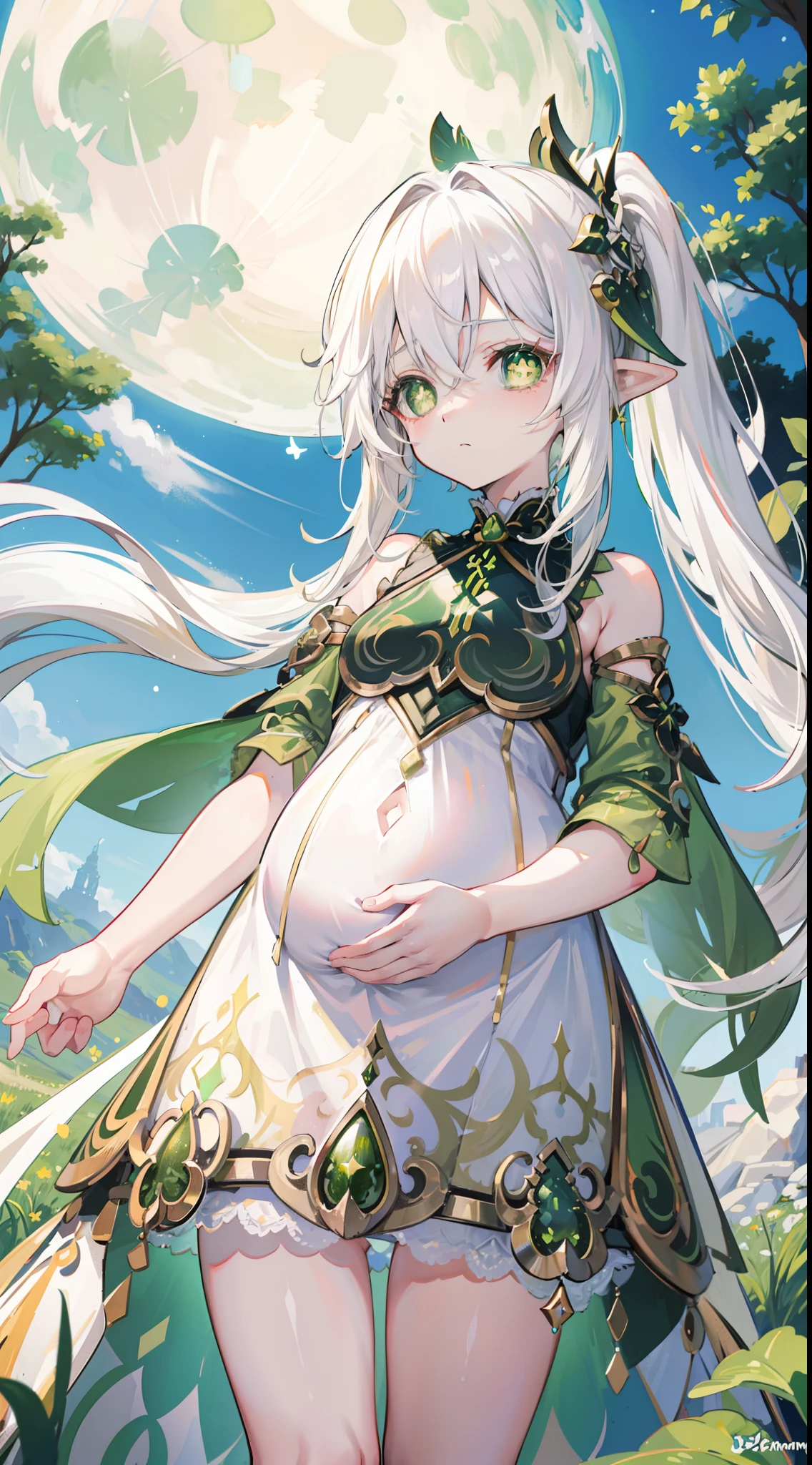 Nahida_Genshin,(White hair),cross-shaped pupils,default_dress,Green cape,simplebackground，themoon，The breath of life，green color，grassy fields，The breath of life，Gentle and powerful divinity，A sense of majesty，Poor milk，prengant，Pregnant women's tummy